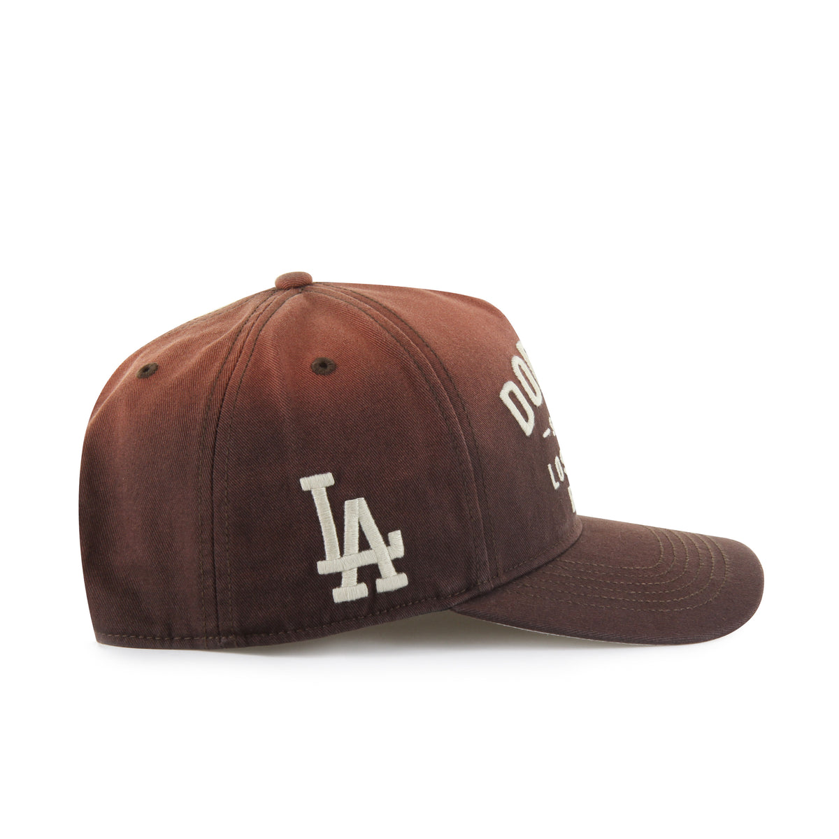 Gorra '47 Hitch RF Los Angeles Dodgers MLB Dusted Laramie café en algodón con acabado desgastado, nombre Dodgers bordado al frente, logo lateral y snapback ajustable