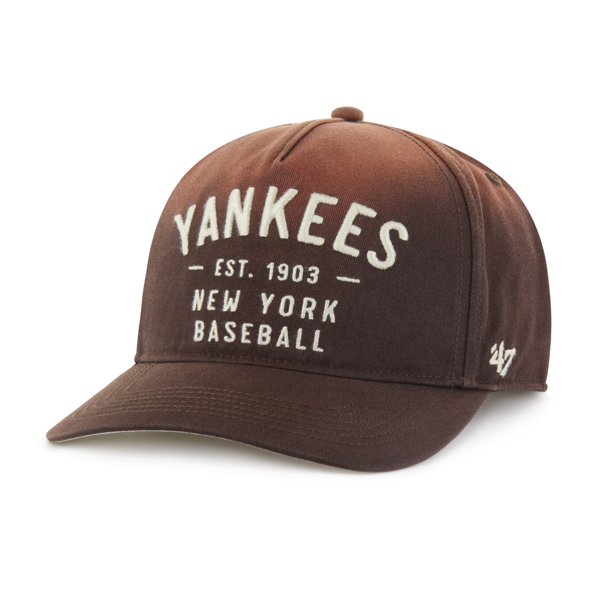 Gorra '47 Hitch RF New York Yankees MLB Dusted Laramie café en algodón con acabado desgastado, nombre Yankees bordado al frente, logo lateral y snapback ajustable