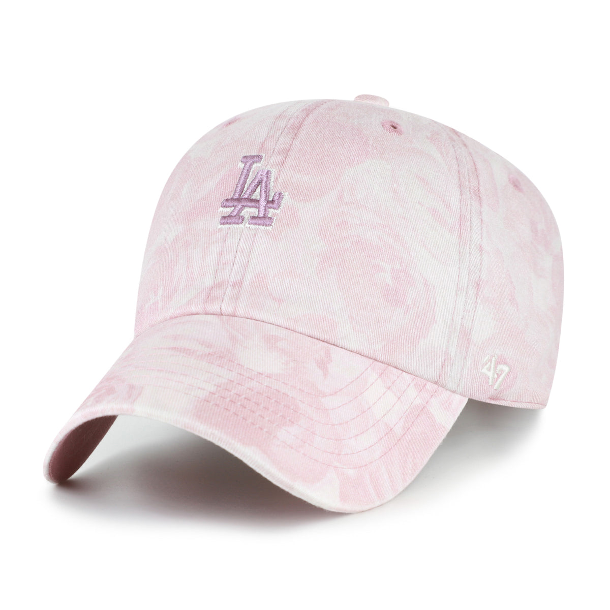 Gorra '47 Clean Up Gardenia Los Angeles Dodgers en malva, poliéster con estampado floral all over, curva sin estructura con strapback ajustable y logo de los Dodgers bordado al frente