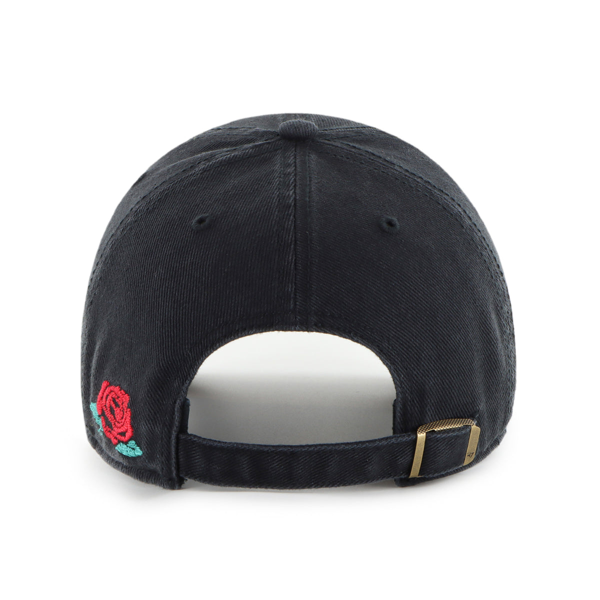 Los Angeles Dodgers MLB Roses ’47 Clean Up color Negro deslavado, visera curva, logo LA blanco bordado al frente, rosa roja con hojas verdes bordada en la parte trasera, emblema ’47 blanco lateral y ajuste strapback con hebilla metálica.