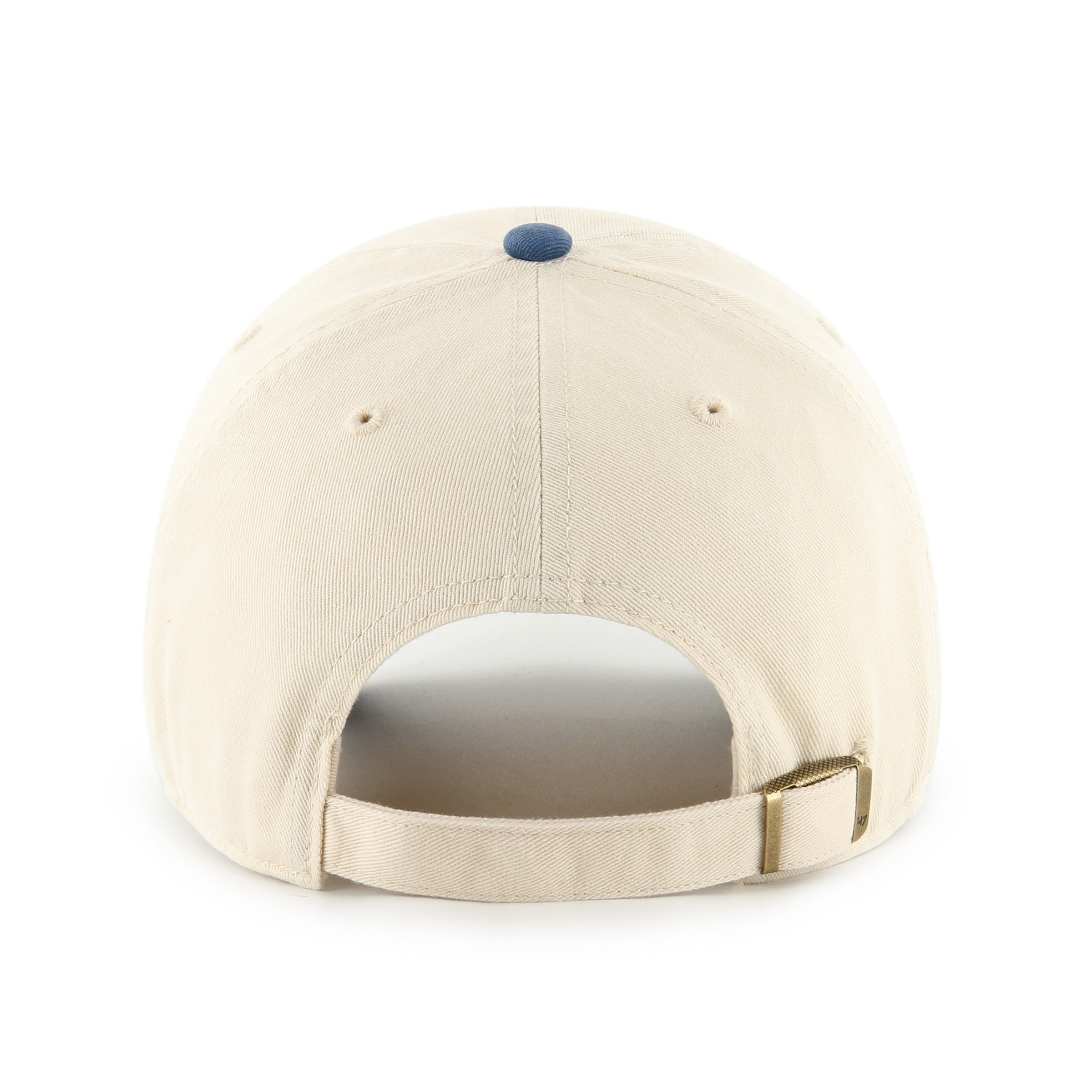 Gorra '47 Clean Up Two Tone de New York Yankees en color natural y azul rey, algodón curva sin estructura con strapback ajustable y logo bordado MLB al frente