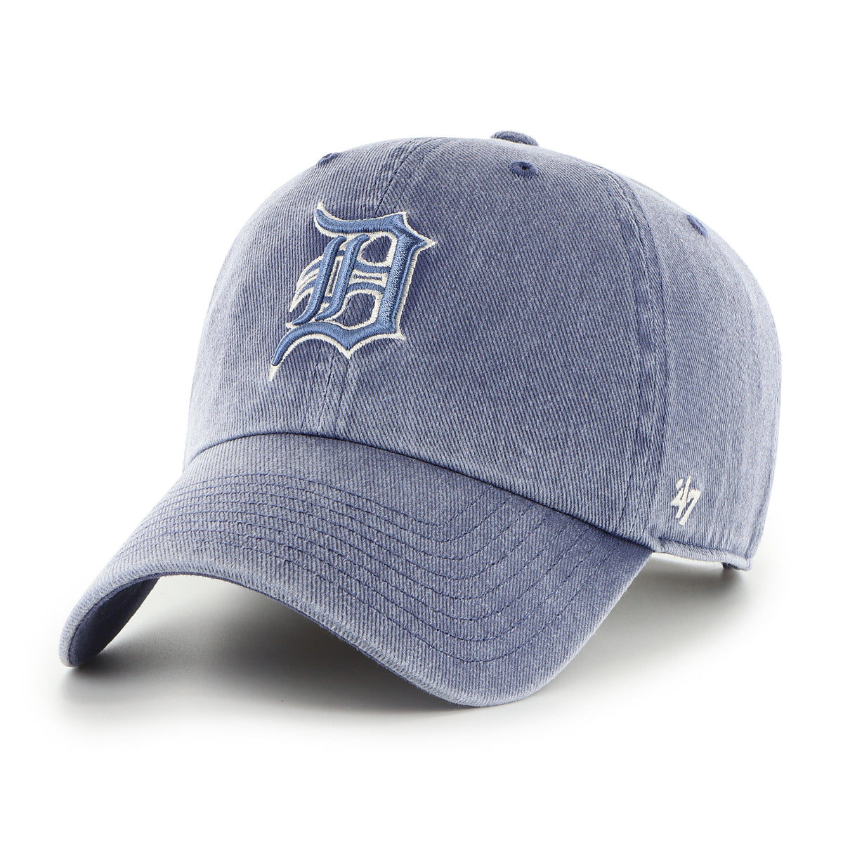 Gorra '47 Clean Up Detroit Tigers MLB Pigment en algodón azul con efecto deslavado, visera curva sin estructura con logo de los Tigers bordado al frente y emblema '47 en el lateral, cierre strapback ajustable