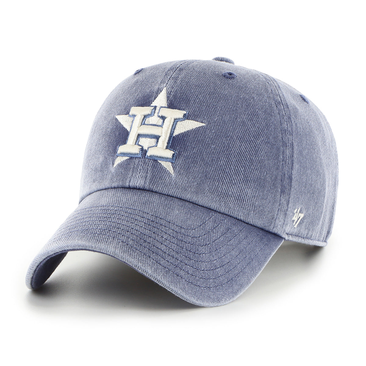 Gorra '47 Clean Up Houston Astros MLB Pigment en algodón azul con efecto deslavado, visera curva sin estructura con logo de los Astros bordado al frente y emblema '47 en el lateral, cierre strapback ajustable