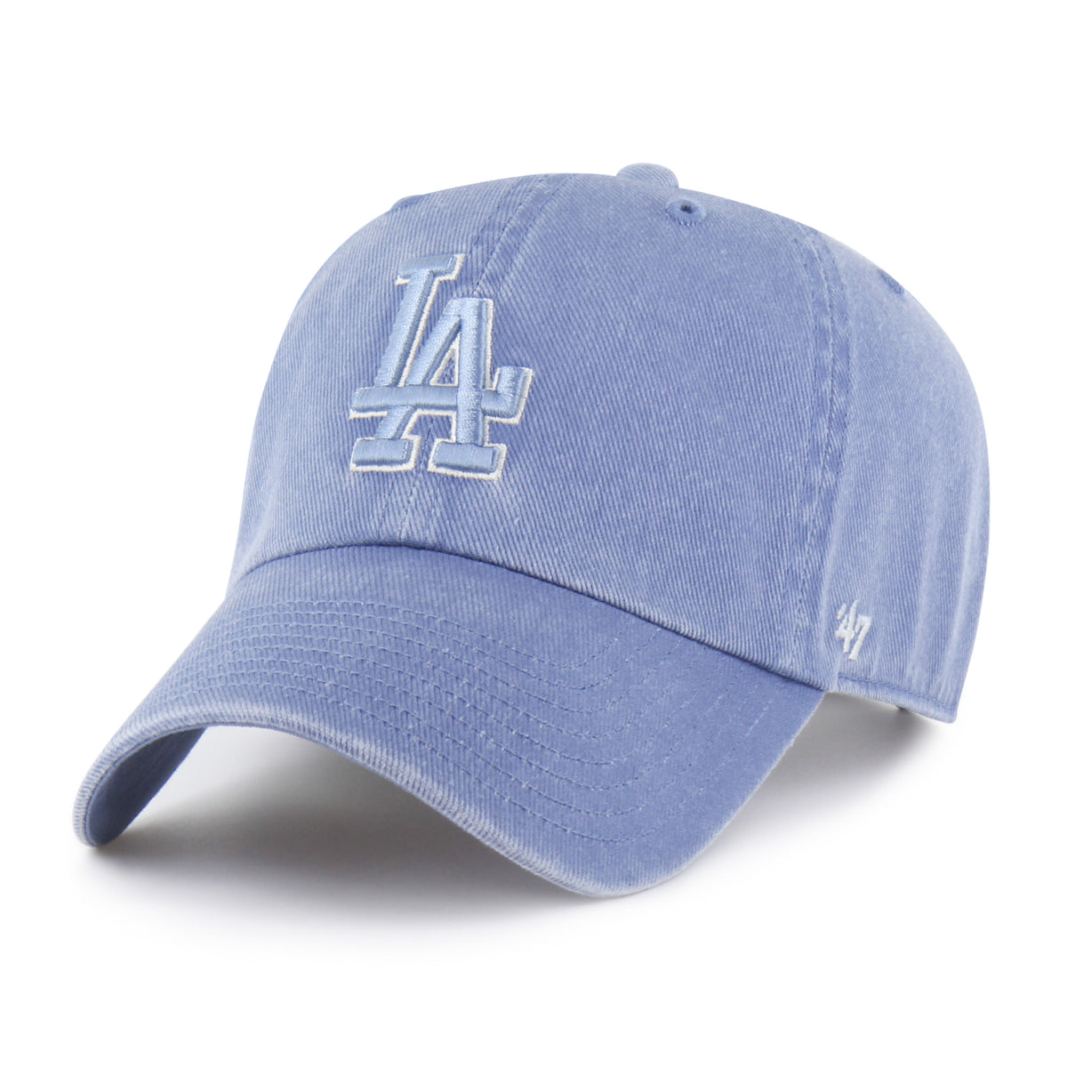 Gorra '47 Clean Up Los Angeles Dodgers MLB Pigment en algodón azul con efecto deslavado, visera curva sin estructura con logo de los Dodgers bordado al frente y emblema '47 en el lateral, cierre strapback ajustable