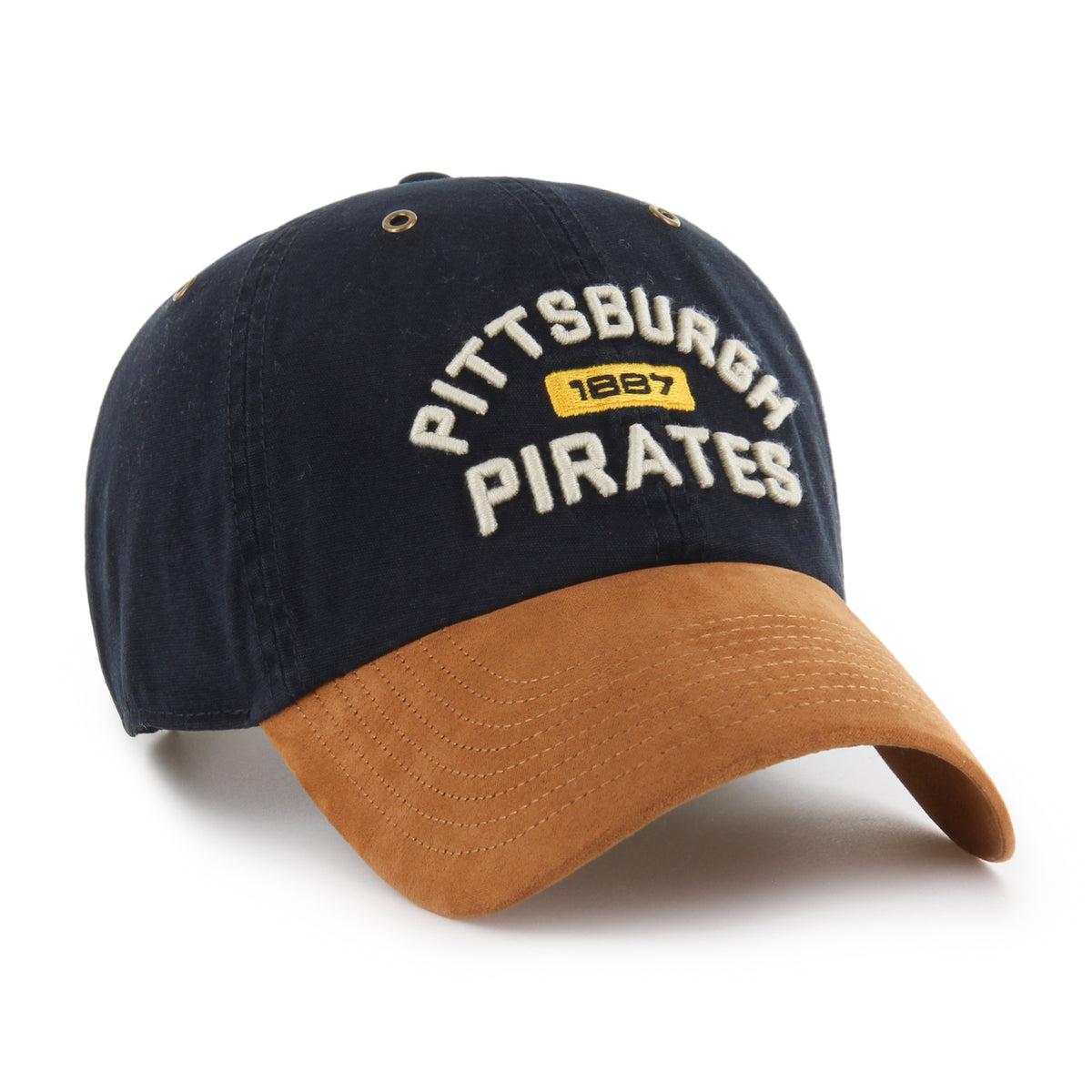 Gorra '47 Clean Up Pittsburgh Pirates MLB Windham negro deslavado en algodón con visor suede, diseño two tone con nombre Pirates bordado al frente y strapback ajustable