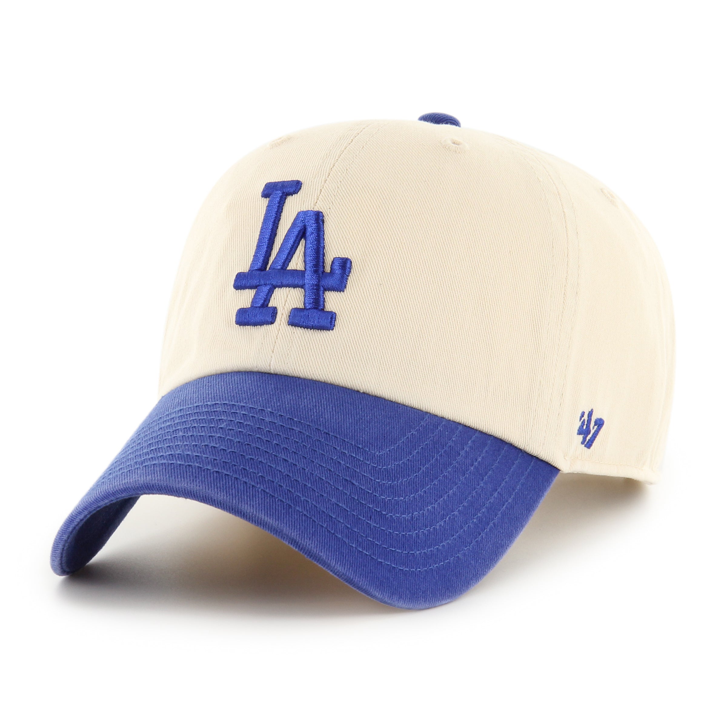 Gorra '47 Clean Up Los Angeles Dodgers MLB Two Tone en algodón beige, visera curva sin estructura con logo bordado de los Dodgers al frente y emblema '47 en el lateral, cierre strapback ajustable