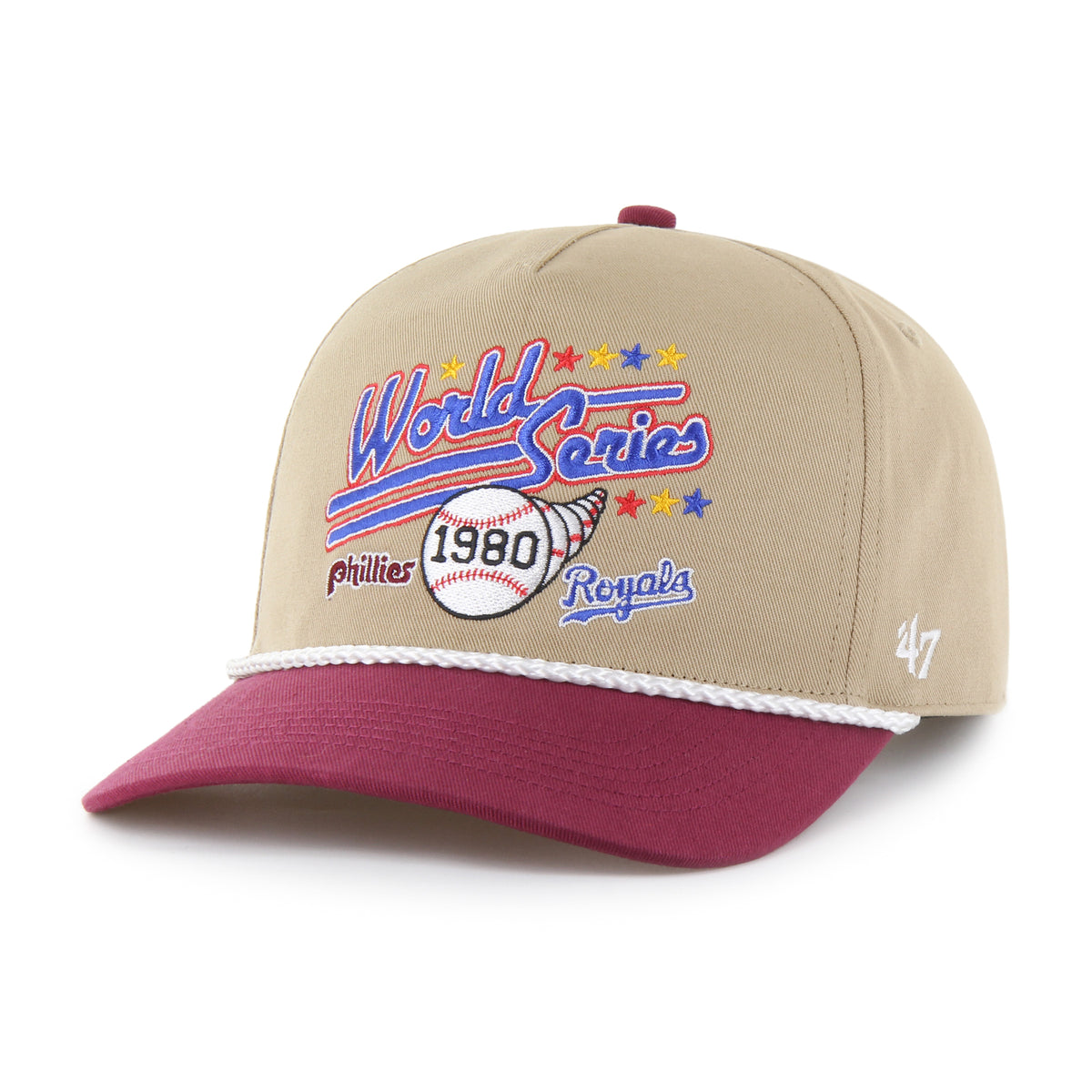 MLB World Series Rivalry Phillies vs Royals ’47 Hitch color Caqui 80, corona caqui y visera vino semicurva con cordón blanco, bordado World Series con pelota 1980, nombres Phillies y Royals y estrellas multicolor al frente, emblema World Series 1980 lateral derecho, emblema ’47 blanco lateral izquierdo y ajuste snapback.