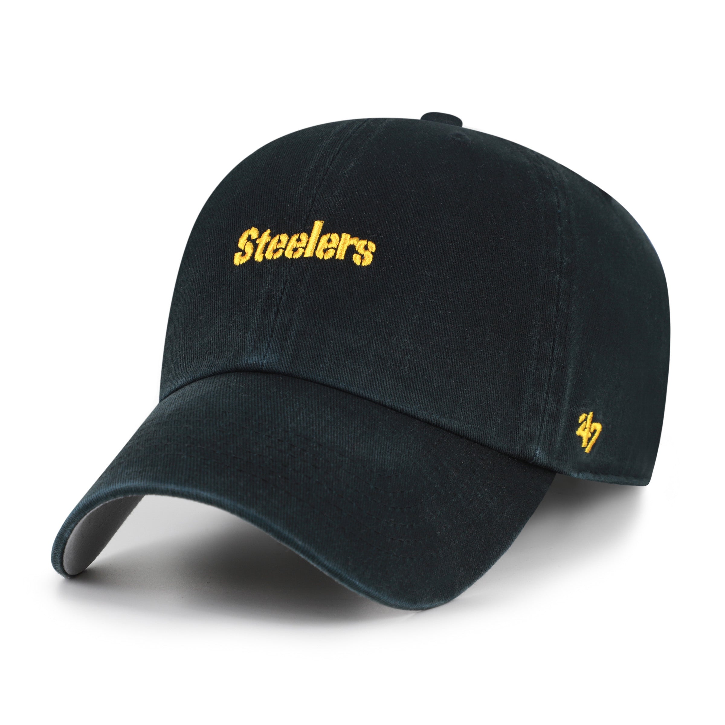 Gorra '47 Clean Up Pittsburgh Steelers NFL Base Runner en algodón negro, visera curva sin estructura con script monochrome de los Steelers bordado al frente y emblema '47 en el lateral, cierre strapback ajustable