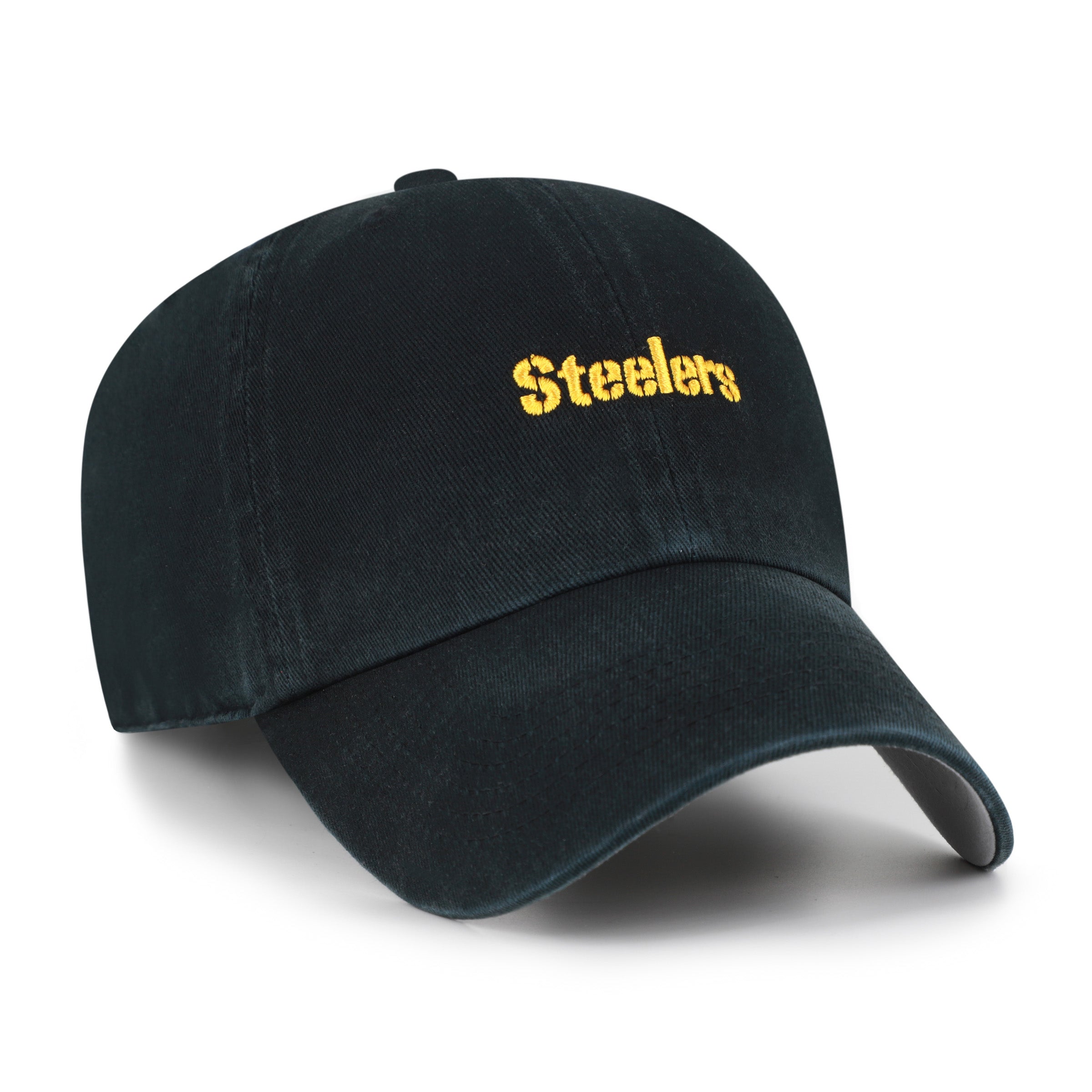Gorra '47 Clean Up Pittsburgh Steelers NFL Base Runner en algodón negro, visera curva sin estructura con script monochrome de los Steelers bordado al frente y emblema '47 en el lateral, cierre strapback ajustable