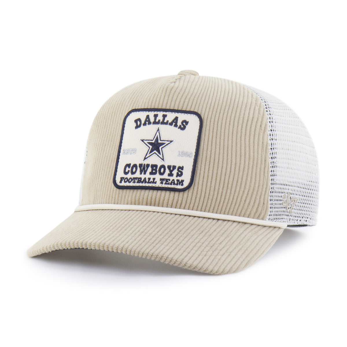 Gorra '47 Hitch RF Dallas Cowboys NFL Cord Land caqui en pana con malla mesh trasera, plate con logo y nombre Cowboys bordado al frente y snapback ajustable