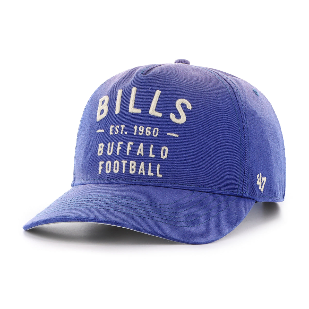 Gorra '47 Hitch RF Buffalo Bills NFL Dusted Laramie azul rey en algodón con acabado desgastado, nombre Bills bordado al frente, logo lateral y snapback ajustable