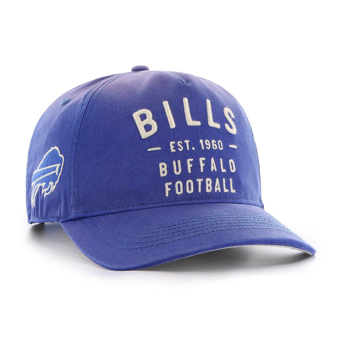 Gorra '47 Hitch RF Buffalo Bills NFL Dusted Laramie azul rey en algodón con acabado desgastado, nombre Bills bordado al frente, logo lateral y snapback ajustable