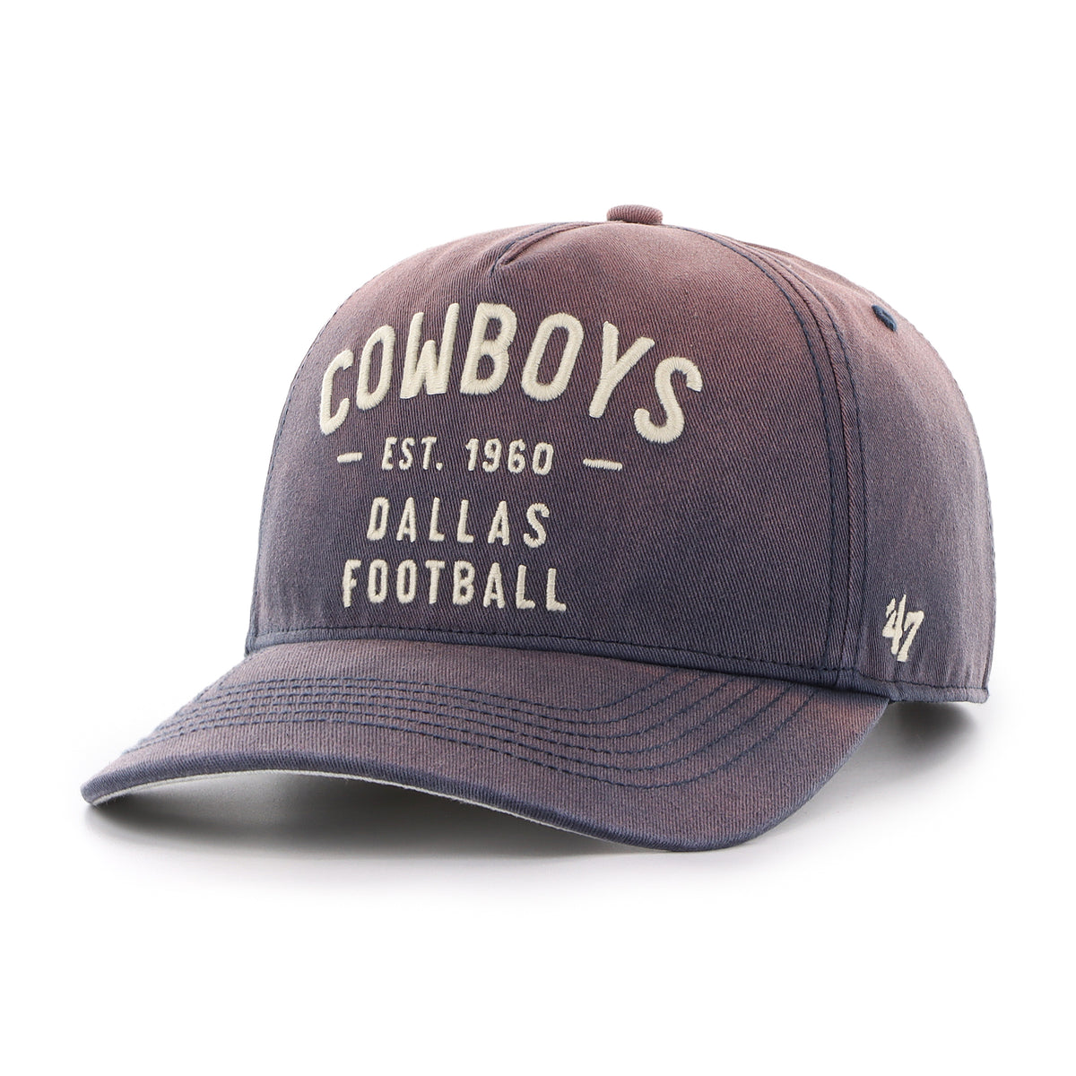 Gorra '47 Hitch RF Dallas Cowboys NFL Dusted Laramie azul en algodón con acabado desgastado, nombre Cowboys bordado al frente, logo lateral y snapback ajustable