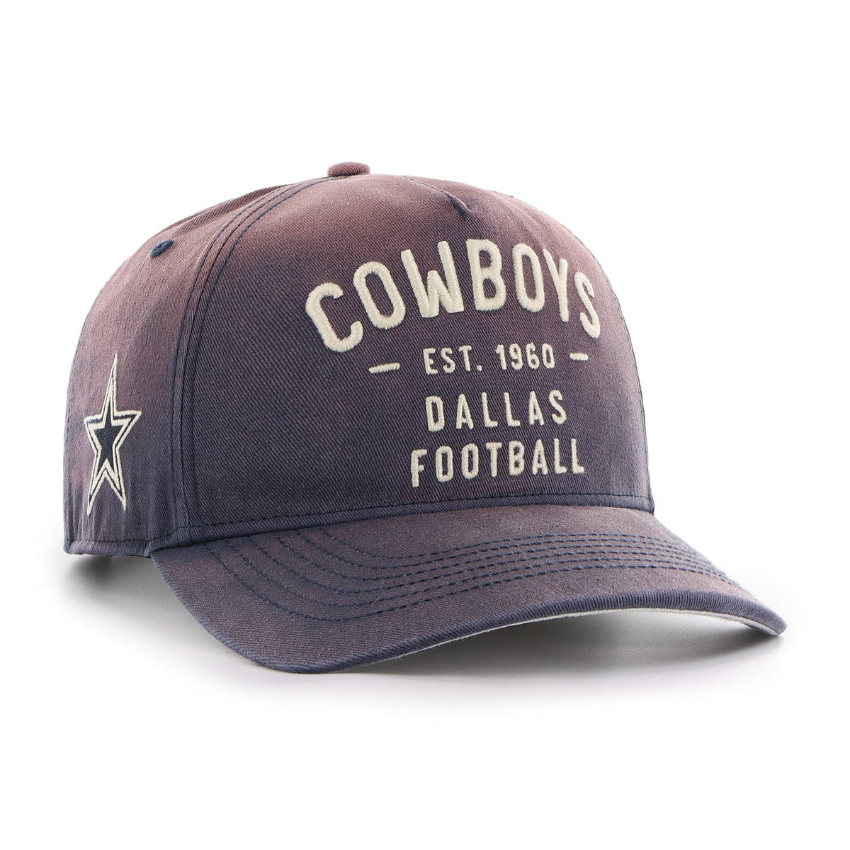 Gorra '47 Hitch RF Dallas Cowboys NFL Dusted Laramie azul en algodón con acabado desgastado, nombre Cowboys bordado al frente, logo lateral y snapback ajustable