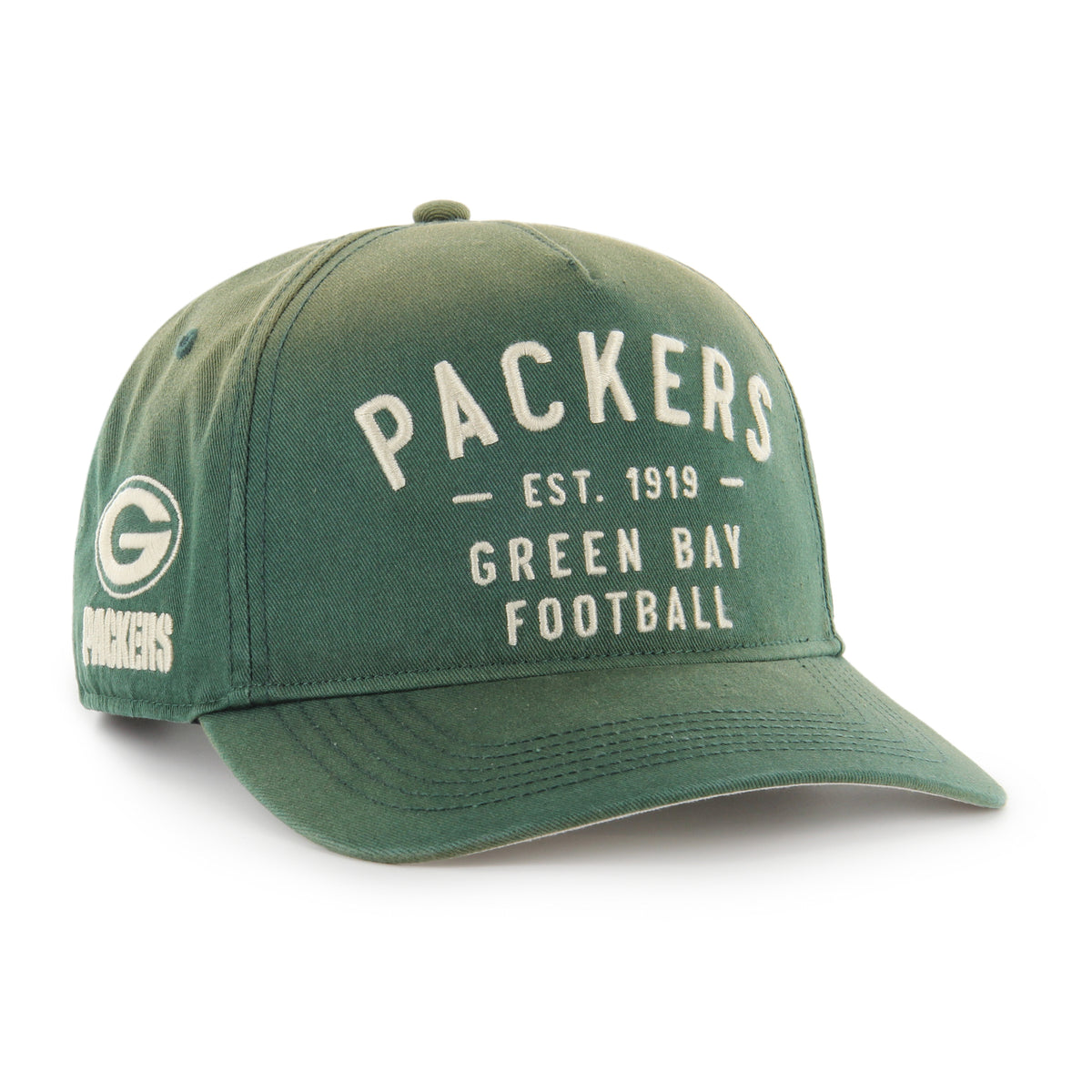 Gorra '47 Hitch RF Green Bay Packers NFL Dusted Laramie verde oscuro en algodón con acabado desgastado, nombre Packers bordado al frente, logo lateral y snapback ajustable