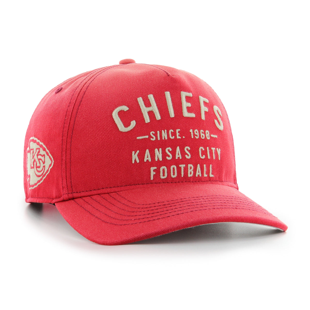 Gorra '47 Hitch RF Kansas City Chiefs NFL Dusted Laramie rojo en algodón con acabado desgastado, nombre Chiefs bordado al frente, logo lateral y snapback ajustable