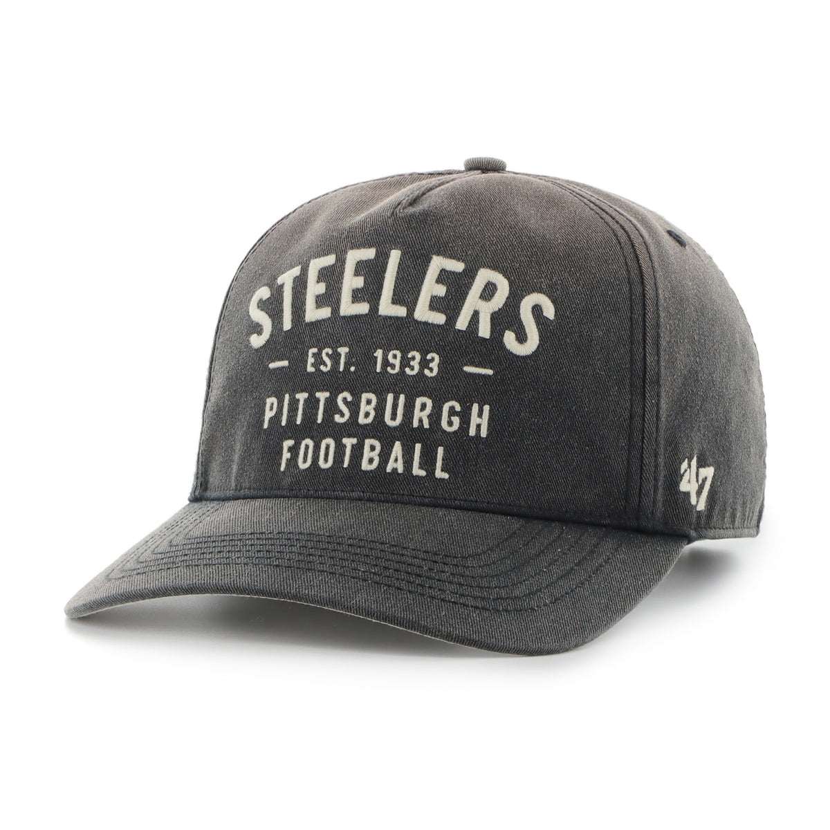 Gorra '47 Hitch RF Pittsburgh Steelers NFL Dusted Laramie negro en algodón con acabado desgastado, nombre Steelers bordado al frente, logo lateral y snapback ajustable