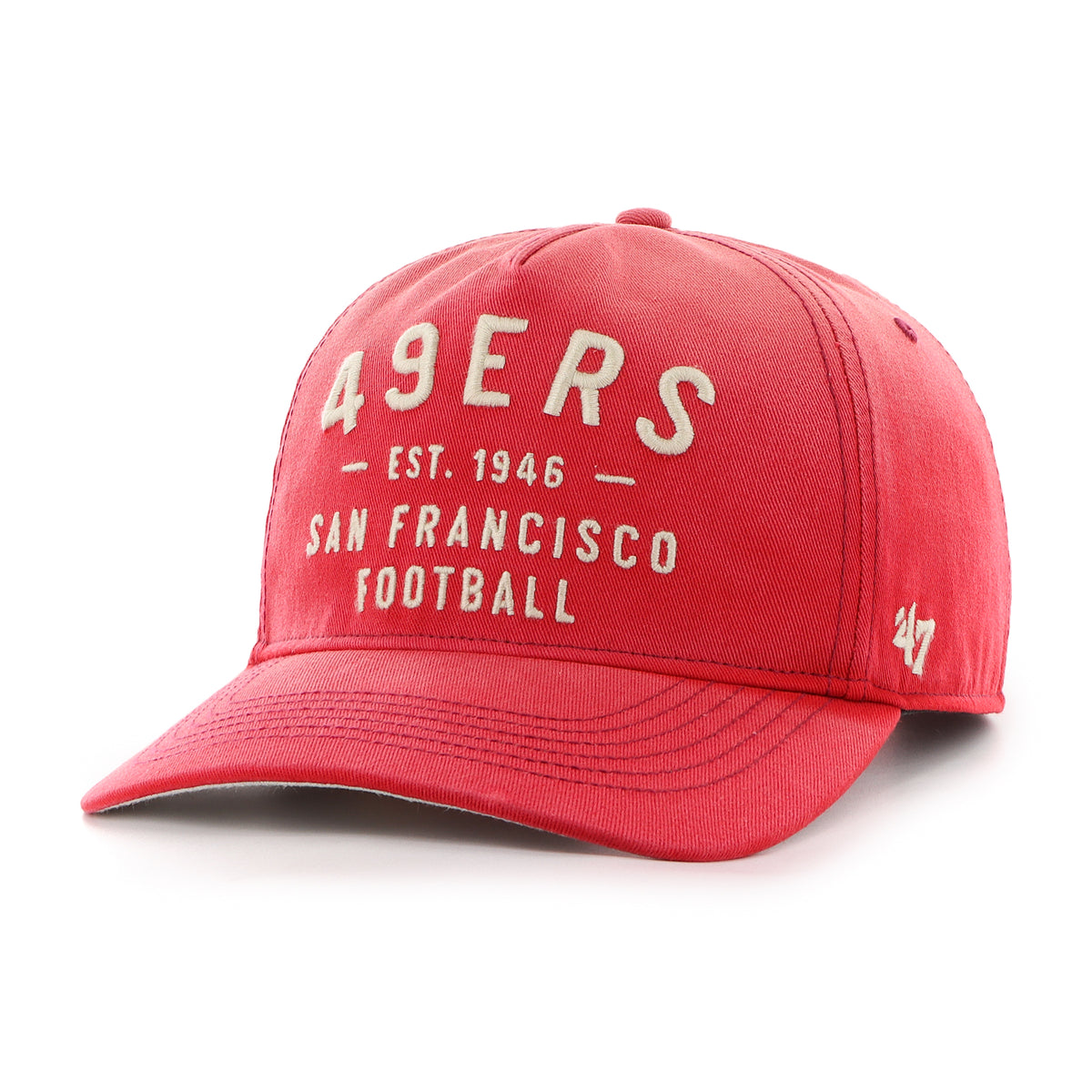 Gorra '47 Hitch RF San Francisco 49ers NFL Dusted Laramie rojo en algodón con acabado desgastado, nombre 49ers bordado al frente, logo lateral y snapback ajustable