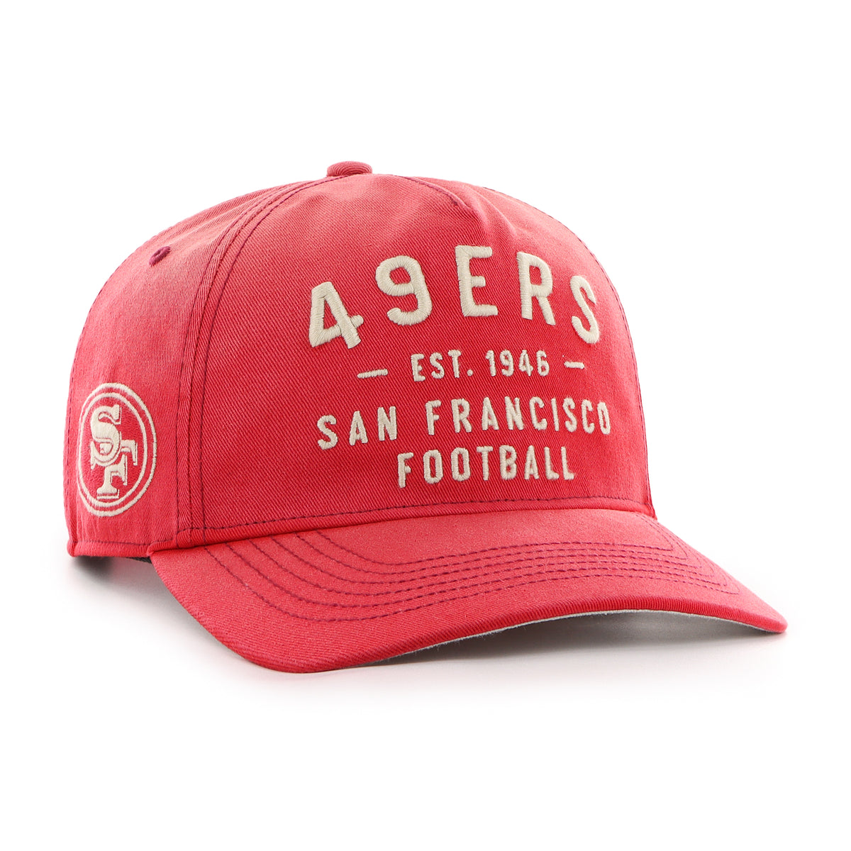 Gorra '47 Hitch RF San Francisco 49ers NFL Dusted Laramie rojo en algodón con acabado desgastado, nombre 49ers bordado al frente, logo lateral y snapback ajustable