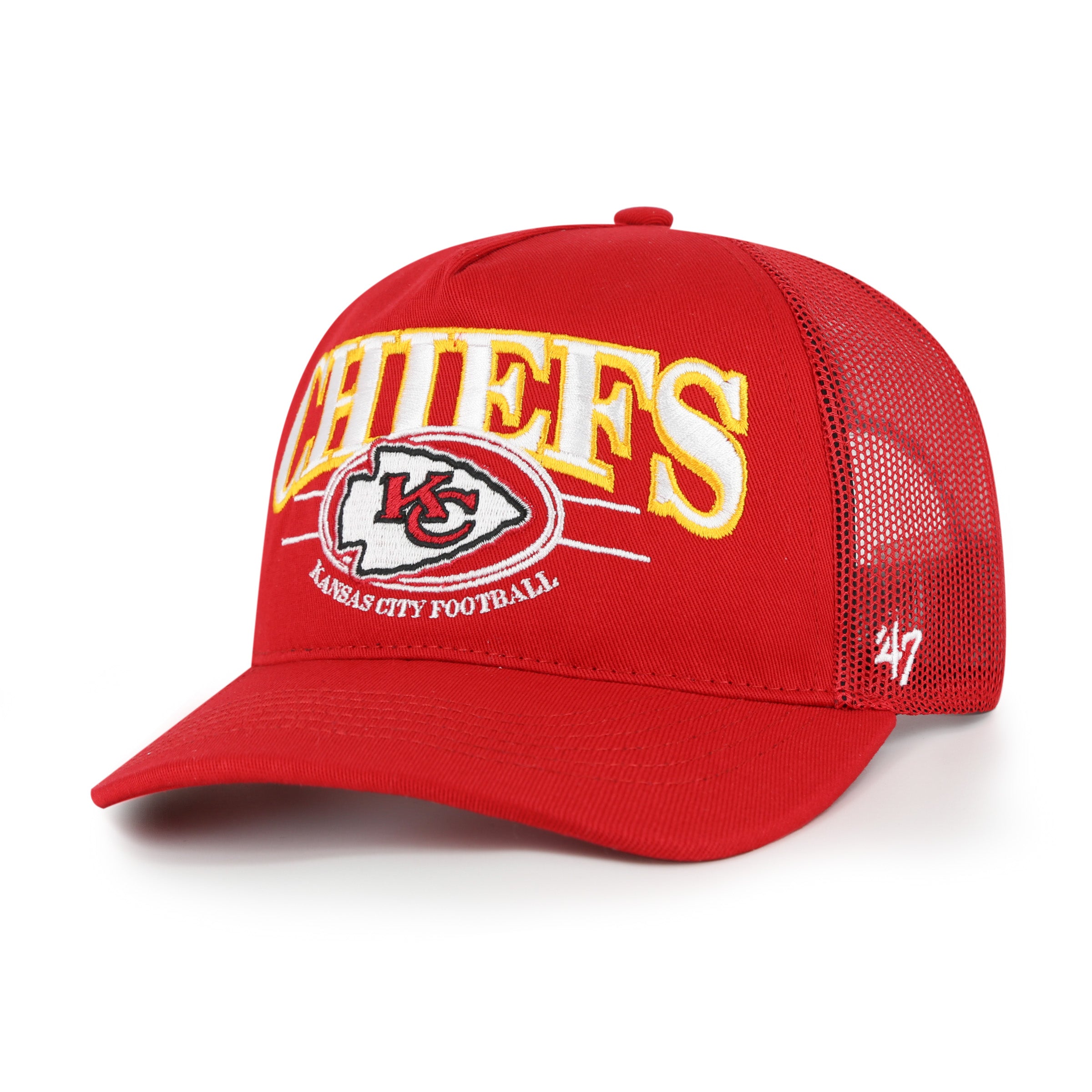 Gorra '47 Hitch Kansas City Chiefs NFL Deluxia en rojo, algodón con malla mesh trasera, visera semicurva con estructura, logo y nombre de los Chiefs bordado al frente y emblema '47 lateral, cierre snapback ajustable