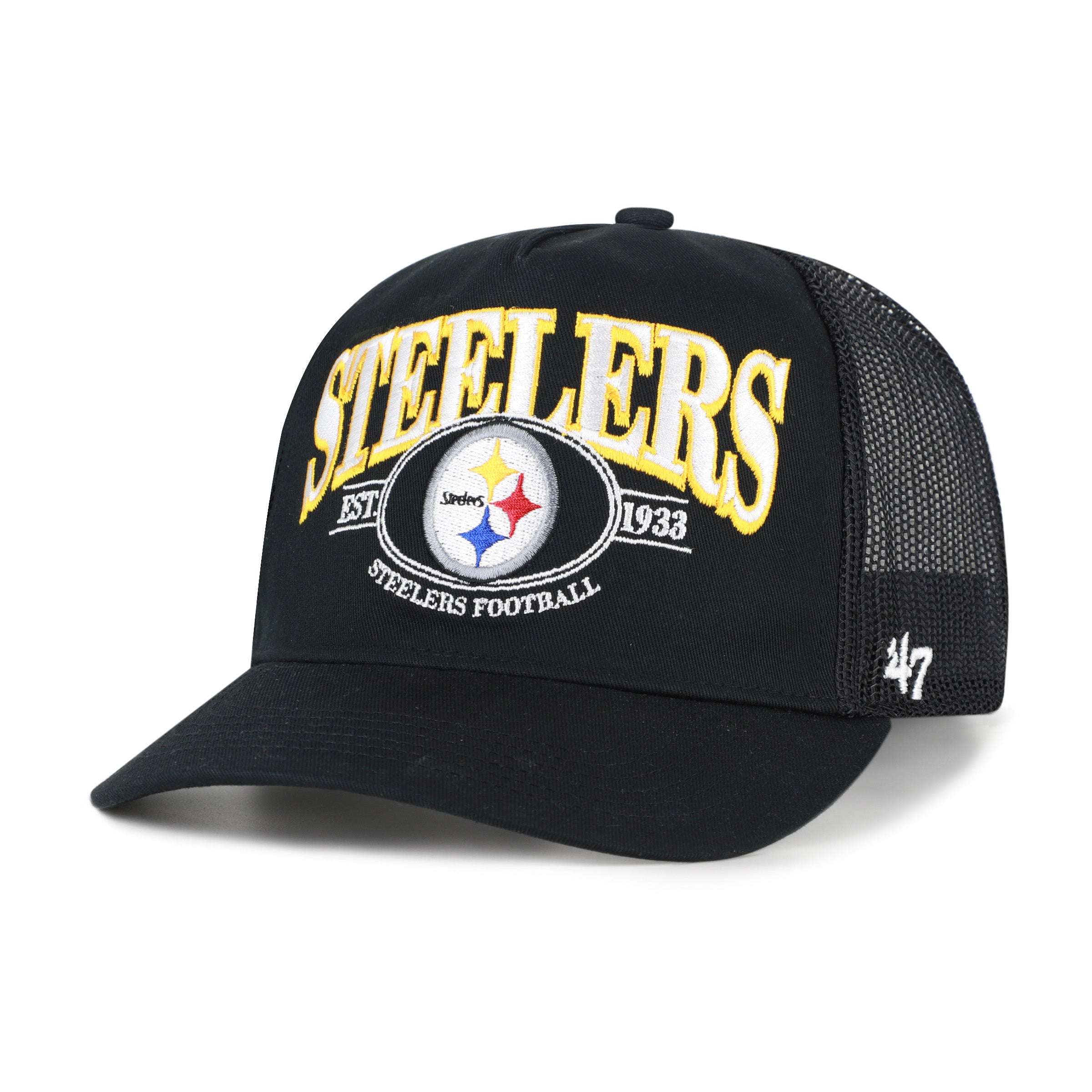 Gorra '47 Hitch Pittsburgh Steelers NFL Deluxia en negro, algodón con malla mesh trasera, visera semicurva con estructura, logo y nombre de los Steelers bordado al frente y emblema '47 lateral, cierre snapback ajustable