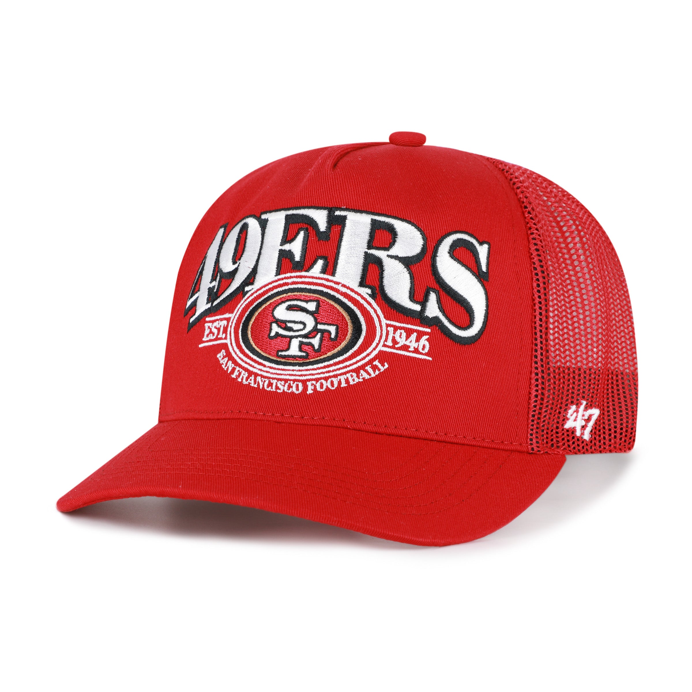 Gorra '47 Hitch San Francisco 49ers NFL Deluxia en rojo, algodón con malla mesh trasera, visera semicurva con estructura, logo y nombre de los 49ers bordado al frente y emblema '47 lateral, cierre snapback ajustable