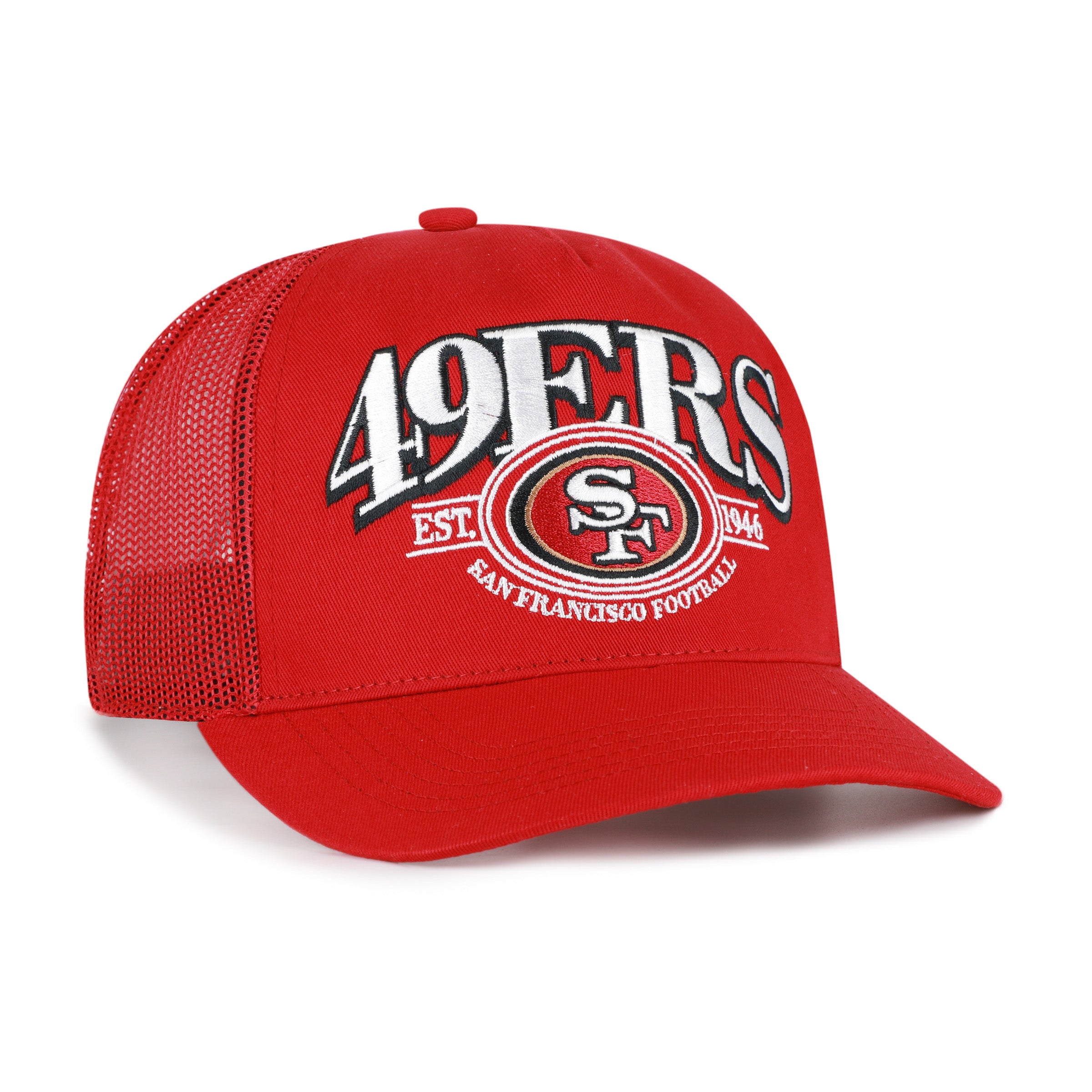 Gorra '47 Hitch San Francisco 49ers NFL Deluxia en rojo, algodón con malla mesh trasera, visera semicurva con estructura, logo y nombre de los 49ers bordado al frente y emblema '47 lateral, cierre snapback ajustable
