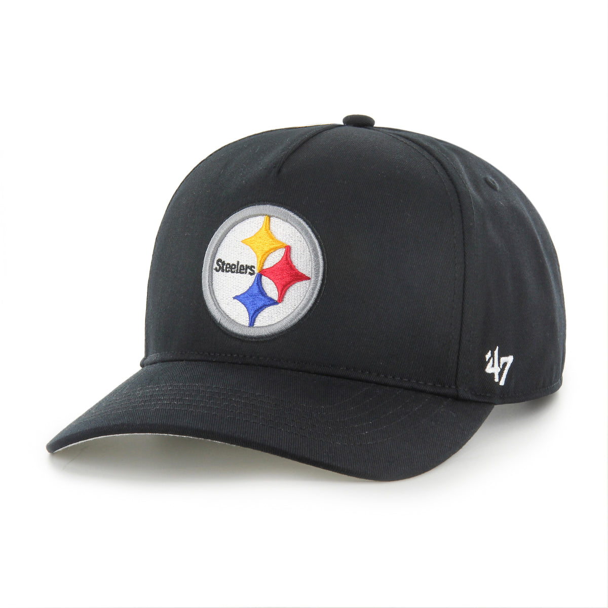 Gorra '47 Hitch RF Pittsburgh Steelers negro en algodón con cordón en visor, ciudad bordada al frente, logo Steelers lado derecho y snapback ajustable