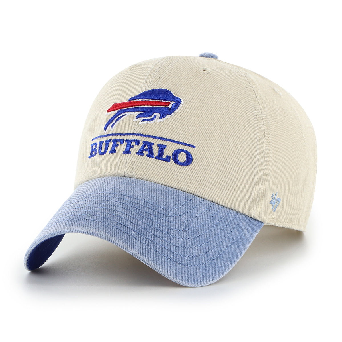 Gorra '47 Clean Up Buffalo Bills NFL Logo Line Two Tone color Beige en algodón, logo y nombre Bills bordado al frente y strapback ajustable