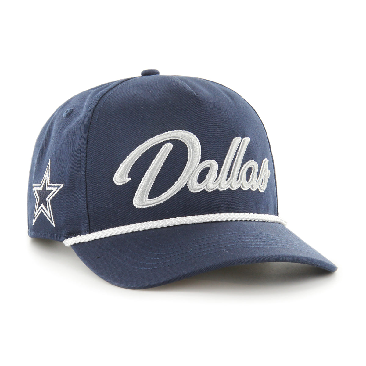 Gorra '47 Hitch RF Dallas Cowboys NFL Overhand azul marino en algodón con cordón en visor, ciudad bordada al frente, logo Cowboys lateral derecho y snapback ajustable