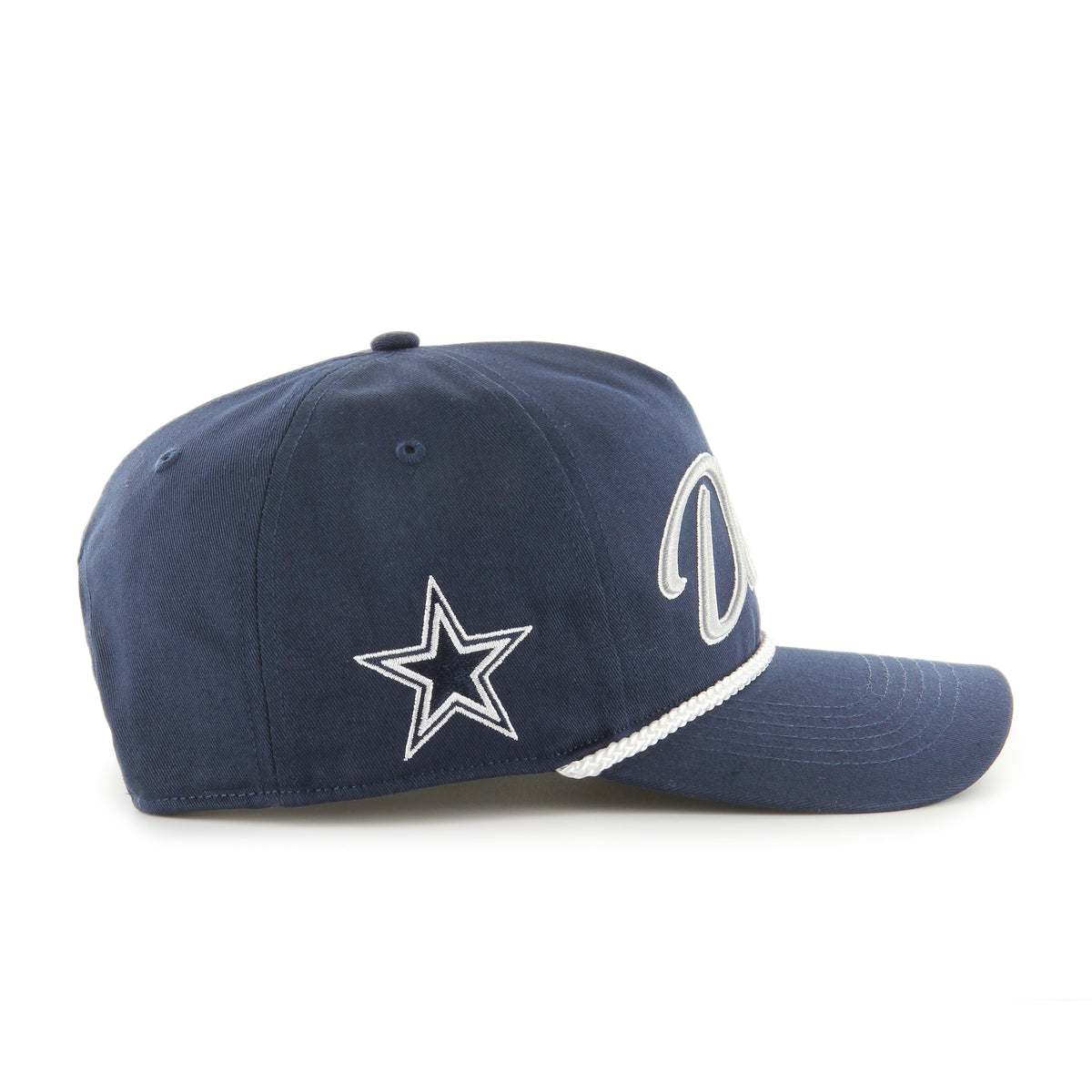 Gorra '47 Hitch RF Dallas Cowboys NFL Overhand azul marino en algodón con cordón en visor, ciudad bordada al frente, logo Cowboys lateral derecho y snapback ajustable