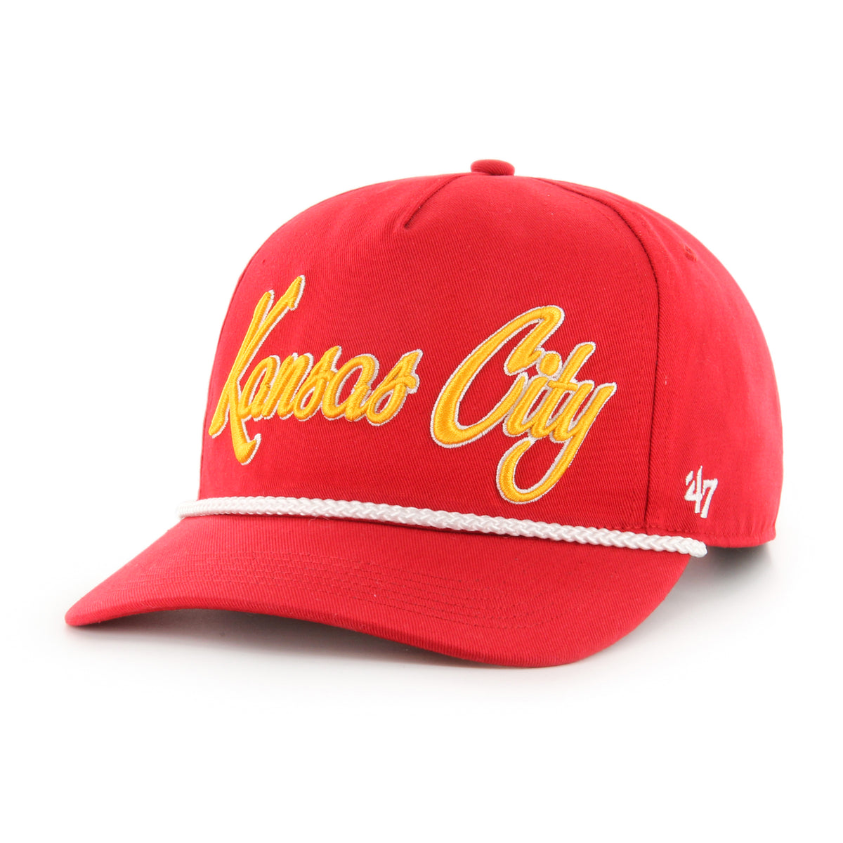 Gorra '47 Hitch RF Kansas City Chiefs NFL Overhand rojo en algodón con cordón en visor, ciudad bordada al frente, logo Chiefs lateral derecho y snapback ajustable