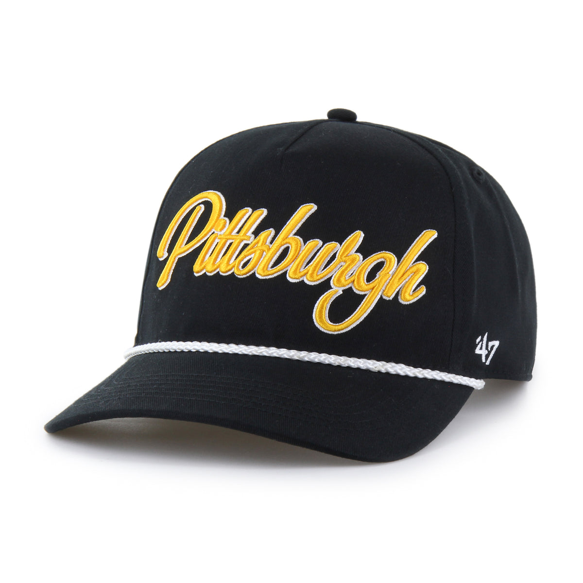 Gorra '47 Hitch RF Pittsburgh Steelers NFL Overhand negro en algodón con cordón en visor, ciudad bordada al frente, logo Steelers lateral derecho y snapback ajustable