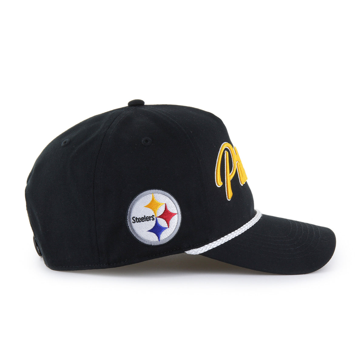 Gorra '47 Hitch RF Pittsburgh Steelers NFL Overhand negro en algodón con cordón en visor, ciudad bordada al frente, logo Steelers lateral derecho y snapback ajustable