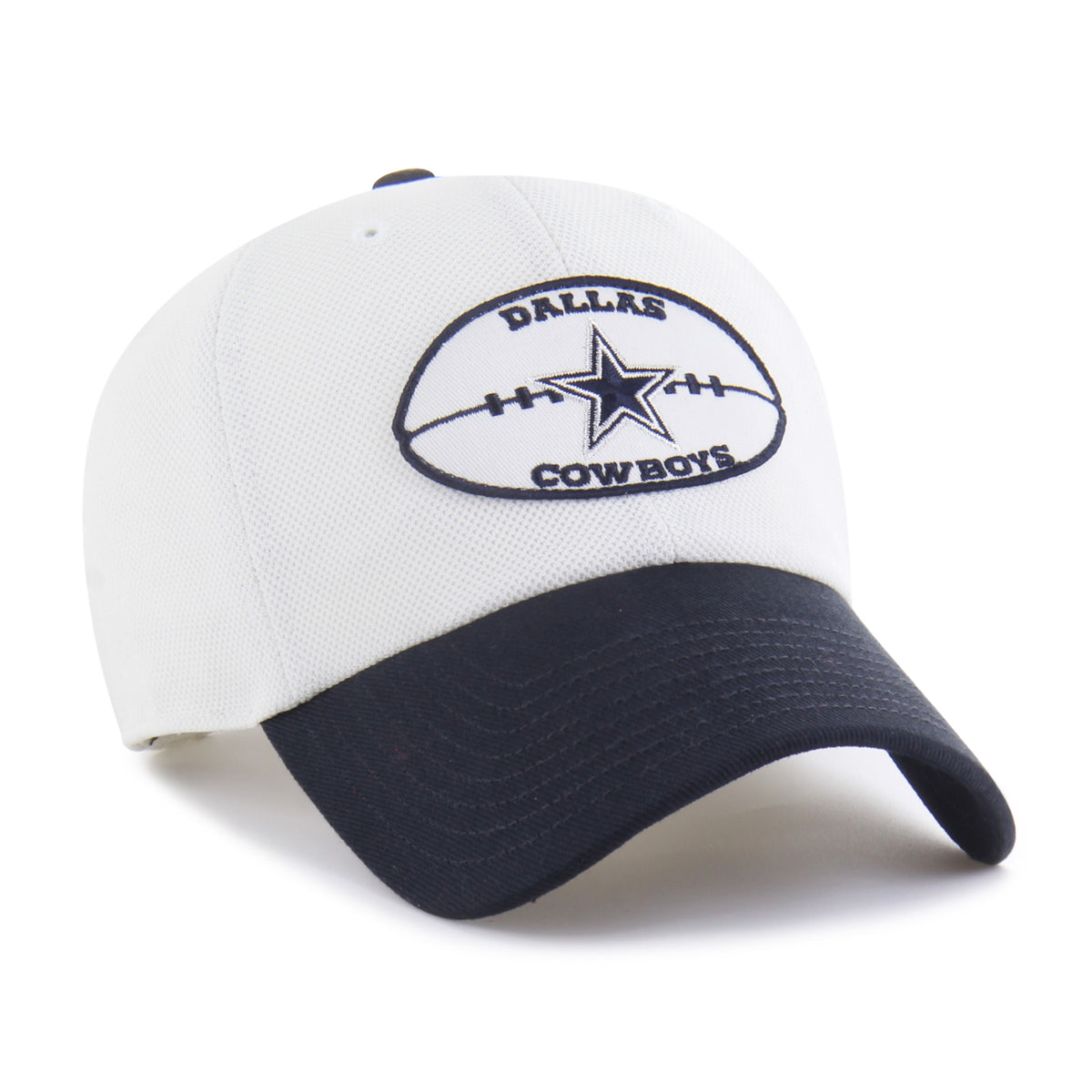 Dallas Cowboys NFL Pique Patch ’47 Clean Up color Blanca, corona clara y visera azul marino curva, parche frontal con estrella e inscripciones DALLAS y COWBOYS con contorno azul marino, emblema ’47 azul marino lateral y ajuste strapback.