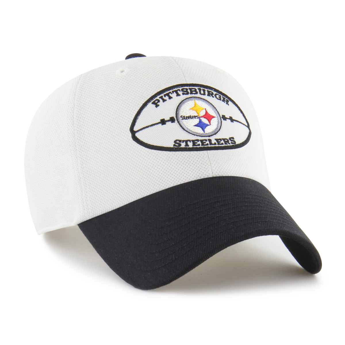 Pittsburgh Steelers NFL Pique Patch ’47 Clean Up color Blanco, corona clara y visera negra curva, parche frontal con logo del equipo e inscripciones PITTSBURGH y STEELERS con contorno negro, emblema ’47 negro lateral y ajuste strapback.