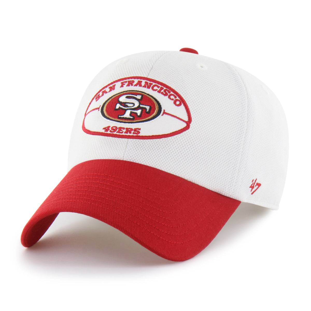 San Francisco 49ers NFL Pique Patch ’47 Clean Up color Blanco, corona clara y visera roja curva, parche frontal con logo SF e inscripciones SAN FRANCISCO y 49ERS con contorno rojo, emblema ’47 rojo lateral y ajuste strapback.