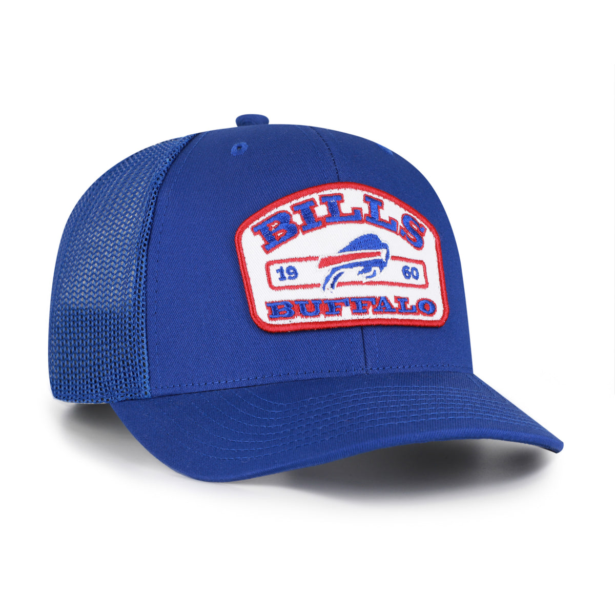 Buffalo Bills NFL Roadway Strap ’47 Trucker color Azul rey, frente y malla azul rey, visera semicurva, parche blanco con borde rojo, búfalo azul con franja roja e inscripciones BILLS y BUFFALO al frente, emblema ’47 blanco lateral y cierre trasero ajustable de velcro.