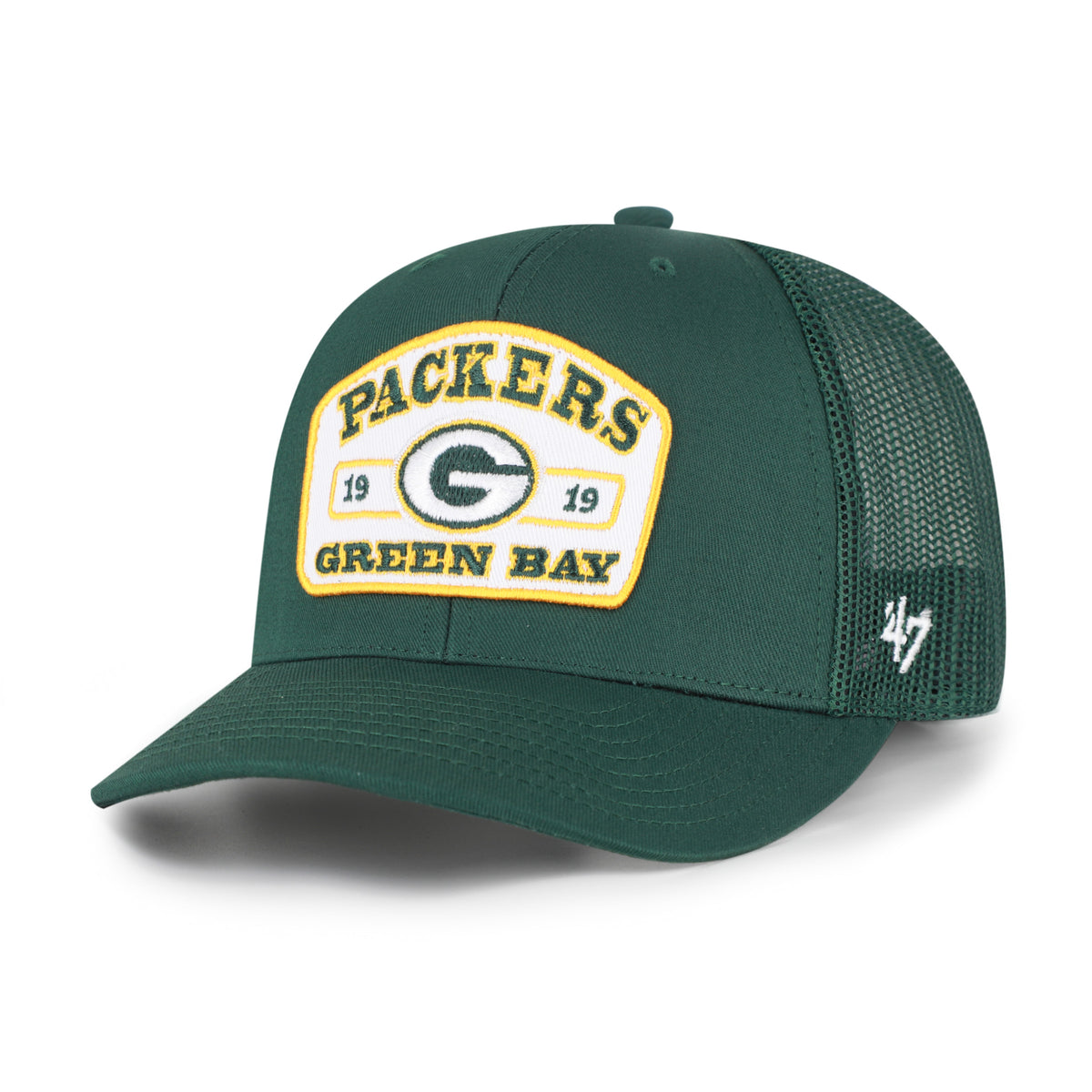 Green Bay Packers NFL Roadway Strap ’47 Trucker color Verde oscuro, frente y malla verde oscuro, visera semicurva, parche blanco con borde amarillo, logo G e inscripciones PACKERS y GREEN BAY al frente, emblema ’47 blanco lateral y cierre trasero ajustable de velcro.