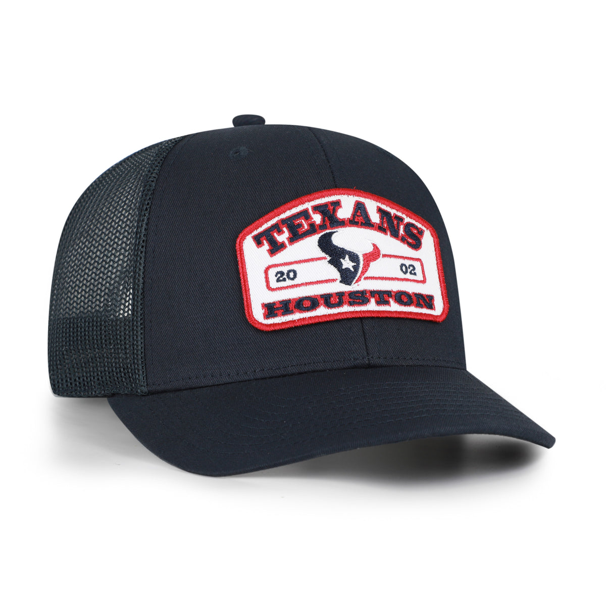 Houston Texans NFL Roadway Strap ’47 Trucker color Azul marino, frente y malla azul marino, visera semicurva, parche blanco con borde rojo, logo de cabeza de toro e inscripciones TEXANS y HOUSTON al frente, emblema ’47 blanco lateral y cierre trasero ajustable de velcro.