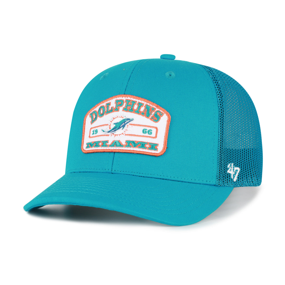 Miami Dolphins NFL Roadway Strap ’47 Trucker color turquesa, frente y malla en tono turquesa, visera semicurva, parche blanco con borde naranja, logo del delfín e inscripciones DOLPHINS y MIAMI al frente, emblema ’47 blanco lateral y cierre trasero ajustable de velcro.