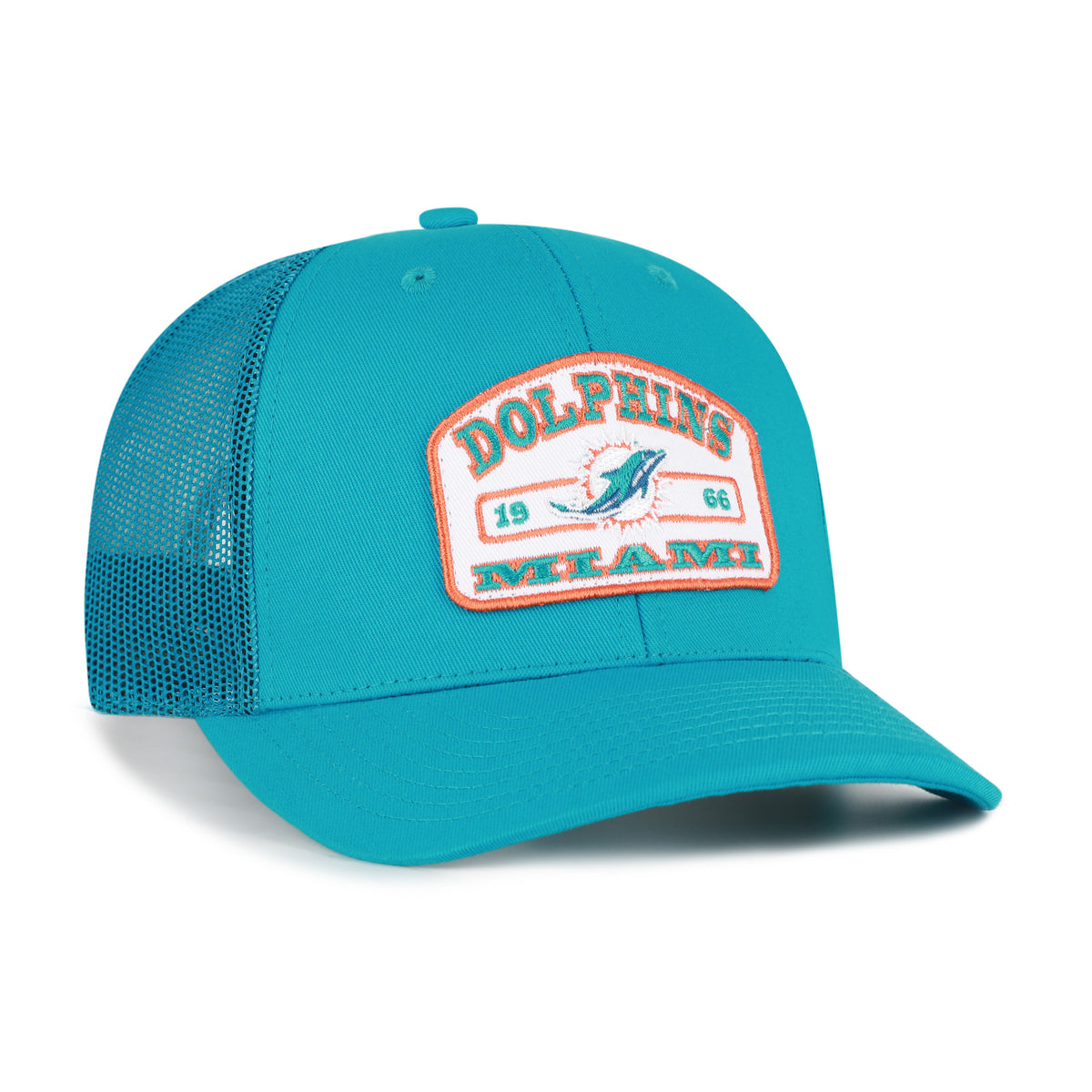 Miami Dolphins NFL Roadway Strap ’47 Trucker color turquesa, frente y malla en tono turquesa, visera semicurva, parche blanco con borde naranja, logo del delfín e inscripciones DOLPHINS y MIAMI al frente, emblema ’47 blanco lateral y cierre trasero ajustable de velcro.