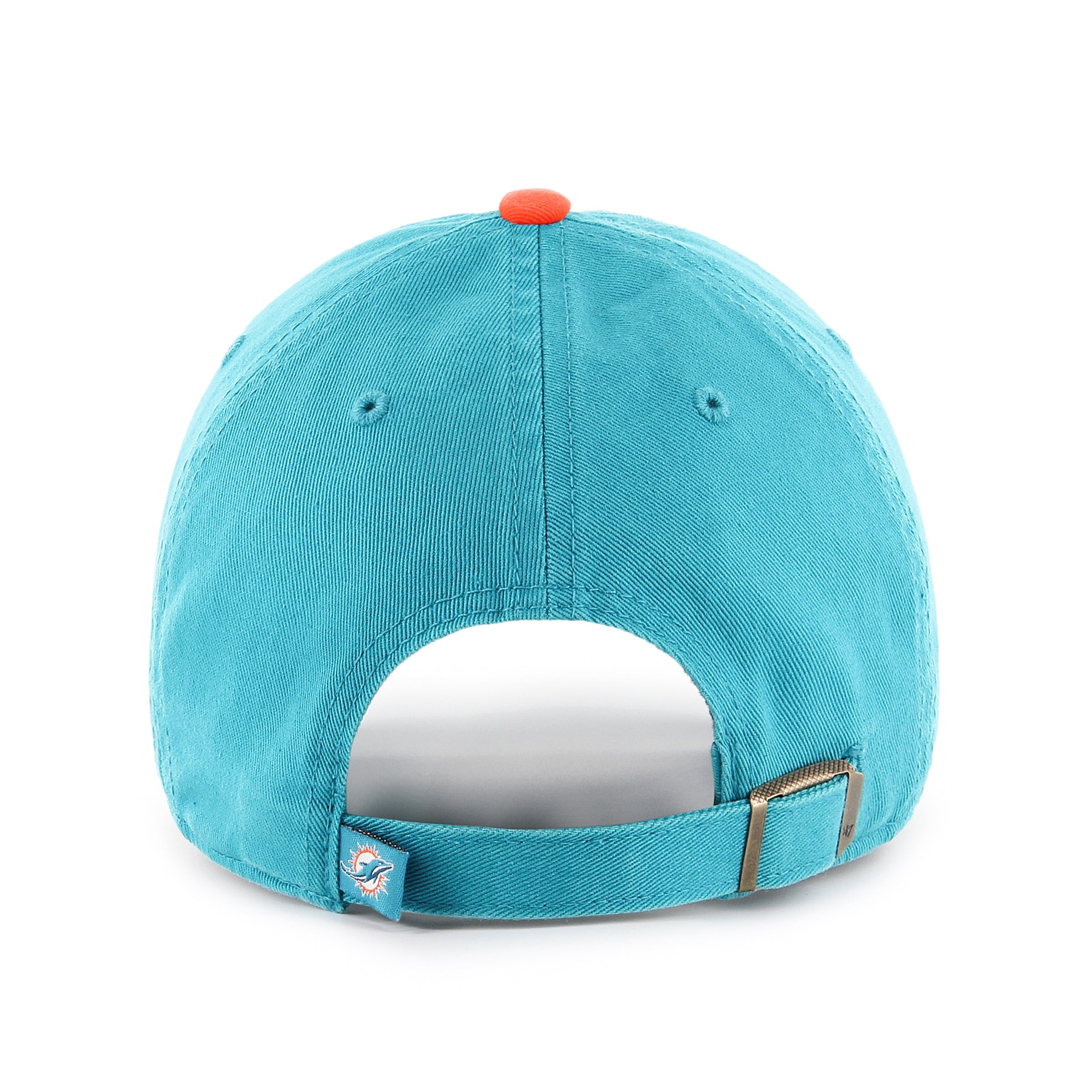 Gorra '47 Clean Up Miami Dolphins NFL Two Tone en algodón azul turquesa, visera curva sin estructura con logo bordado de los Dolphins al frente y emblema '47 en el lateral, cierre strapback ajustable