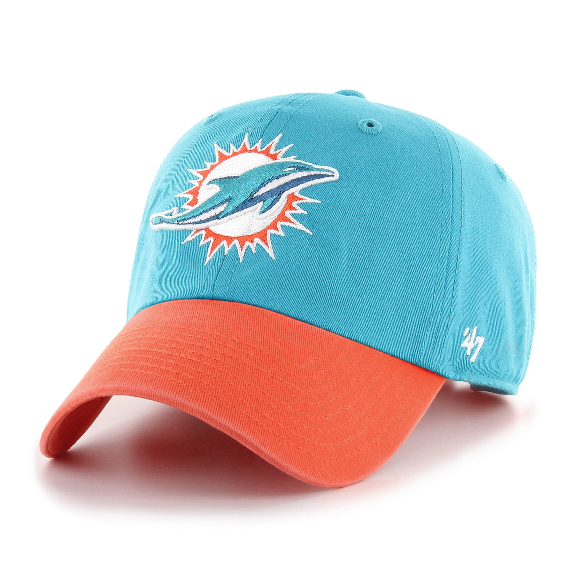 Gorra '47 Clean Up Miami Dolphins NFL Two Tone en algodón azul turquesa, visera curva sin estructura con logo bordado de los Dolphins al frente y emblema '47 en el lateral, cierre strapback ajustable