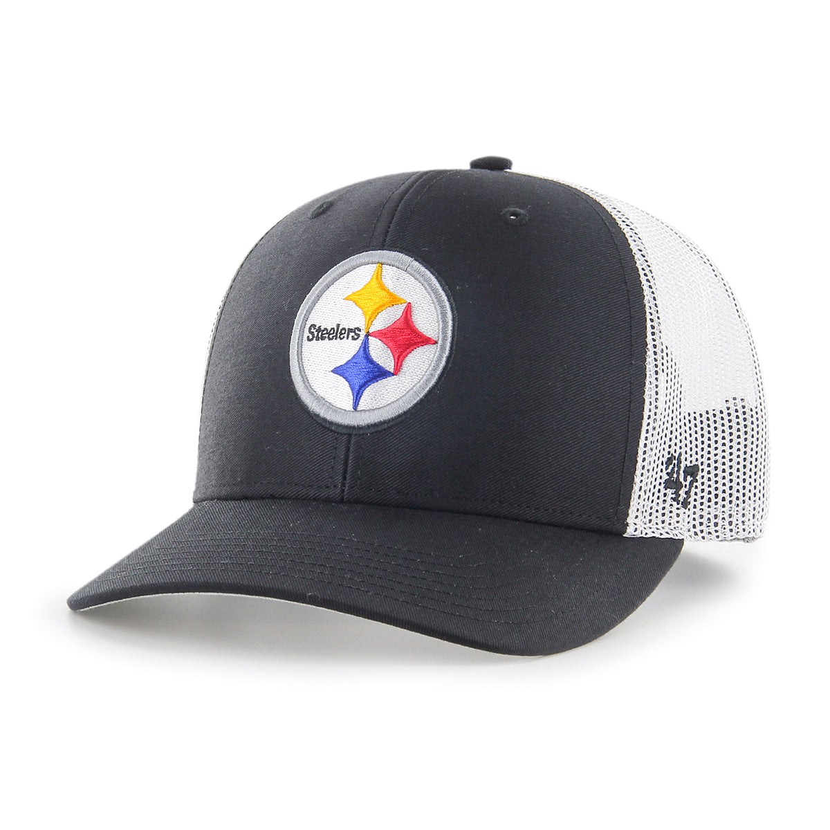 Pittsburgh Steelers NFL ’47 Trucker color Negro, frente negro y malla blanca, visera negra semicurva, logo circular de Steelers bordado al frente en blanco, gris, amarillo, rojo y azul, emblema ’47 negro lateral y cierre trasero ajustable de velcro.