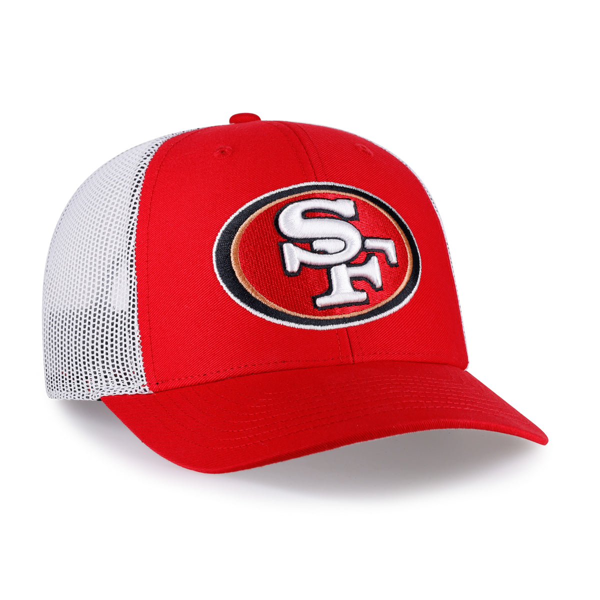 San Francisco 49ers NFL ’47 Trucker color Rojo, frente rojo y malla blanca, visera roja semicurva, logo SF bordado en blanco con contornos negro y dorado al frente, emblema ’47 rojo lateral y correa trasera ajustable.