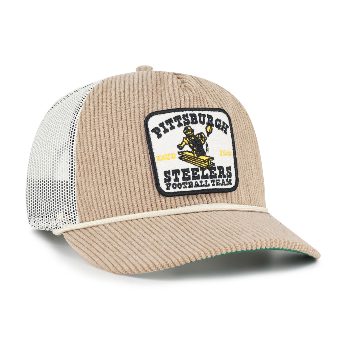 Gorra '47 Hitch RF Pittsburgh Steelers NFL Cord Land caqui en pana con malla mesh trasera, plate con logo y nombre Steelers bordado al frente y snapback ajustable
