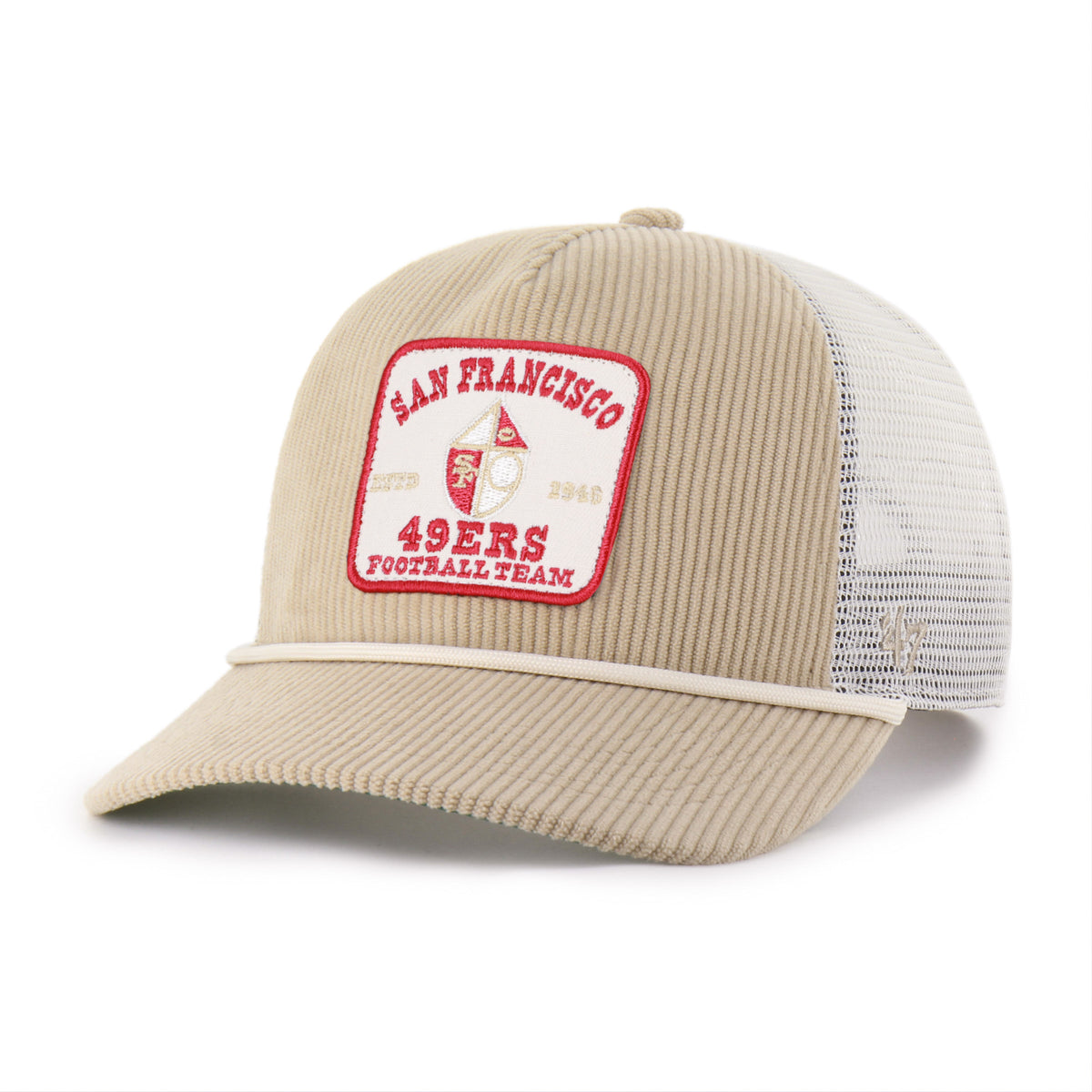 Gorra '47 Hitch RF San Francisco 49ers NFL Cord Land caqui en pana con malla mesh trasera, plate con logo y nombre 49ers bordado al frente y snapback ajustable