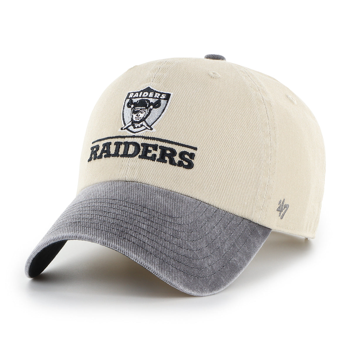Gorra '47 Clean Up Las Vegas Raiders NFL Logo Line Two Tone colo beige en algodón, logo y nombre Raiders bordado al frente y strapback ajustable