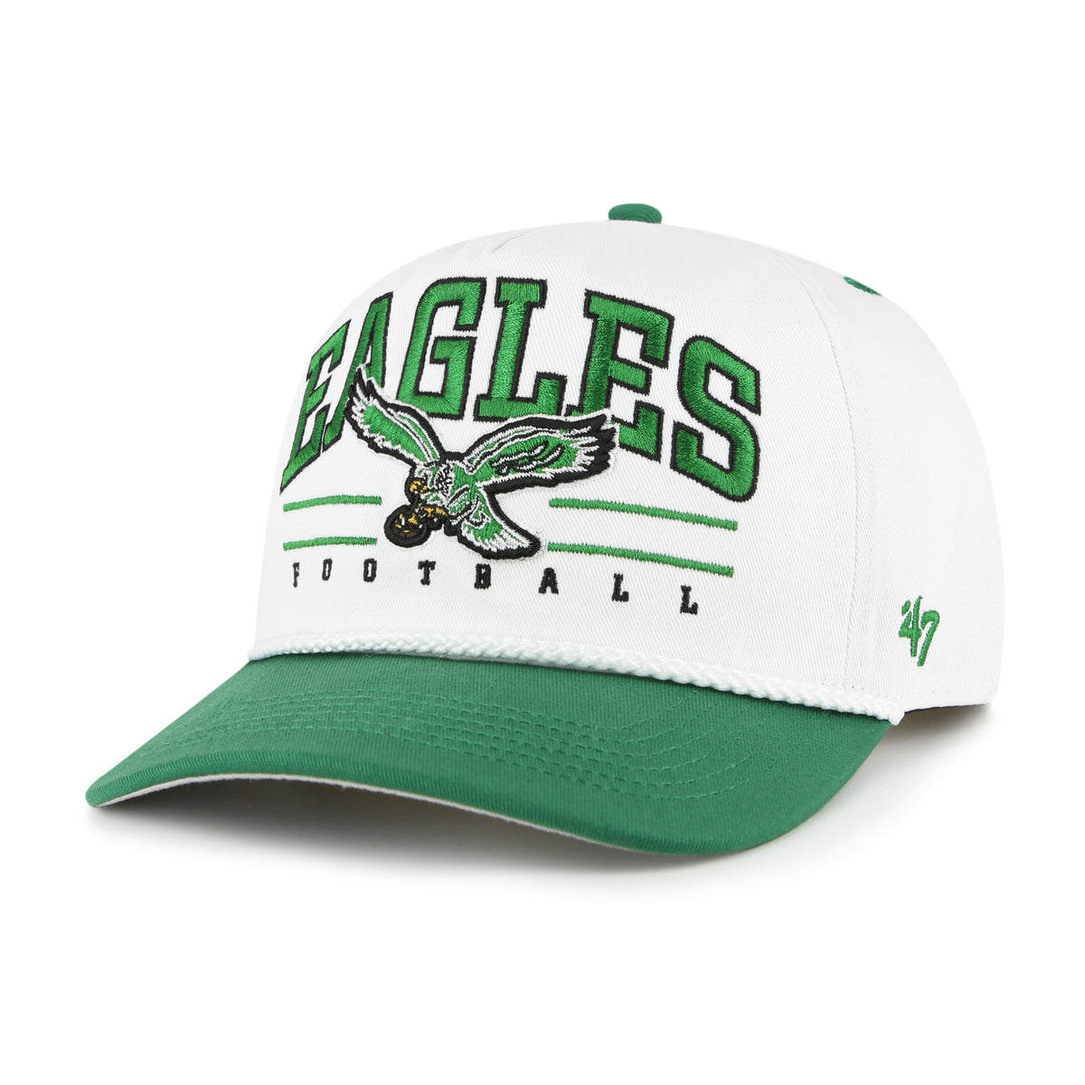 Philadelphia Eagles NFL Roscoe Rope ’47 Hitch color Blanco, corona blanca y visera verde semicurva, águila sujetando un balón e inscripciones EAGLES y FOOTBALL bordadas al frente, cordón decorativo blanco, emblema ’47 verde lateral y ajuste snapback.